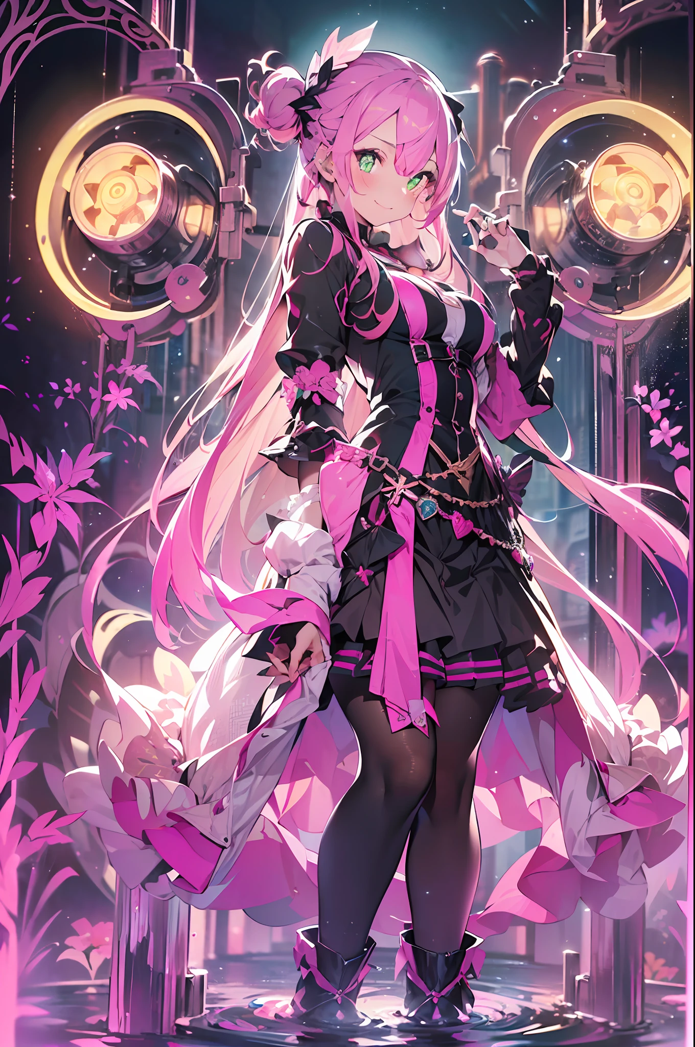 Steampunk style:2.((masutepiece))),((ultra-detailliert,Best Quality, hight resolution, Beautiful clothes,)),fullllbody,Fulll body Shot (1 girl)((Pink hair, Long hair,Straight hair,two side up)) (Green eyes),eyeshadows, eye line,gloweyes, ultradetailed eyes, intricate eyes, Beautiful eyes, ((Glowing pink pupils))18-year-old girl、frilld.Smile .Hourglass background、Big hourglass.((High contrast RGB effect, LED effect, Kaleidoscope effect, Shining Effect, Ripple Effect, Glitter RGB effect)) (Black background: 1.5)gear wheel