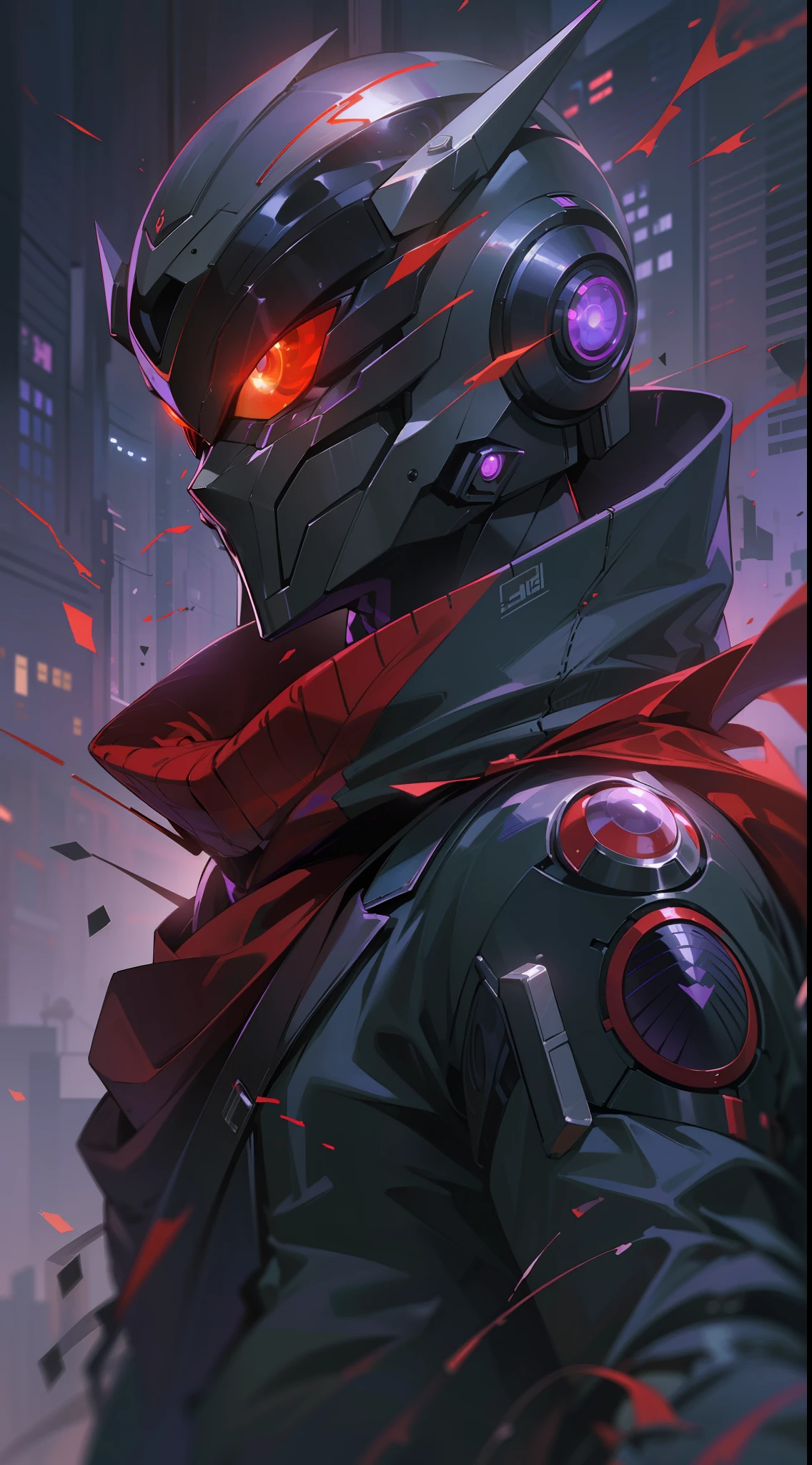 ((Best Quality, 8K, Masterpiece: 1.3)),((Amazing detail: 1.2)),((illustration: 1.1)),Kamen Rider,Combat posture,Red eyes,Eyes glow,Cyberpunk,Purple skin,Manga,Red floating scarf,Splash Art,Realistic,urban backdrop,