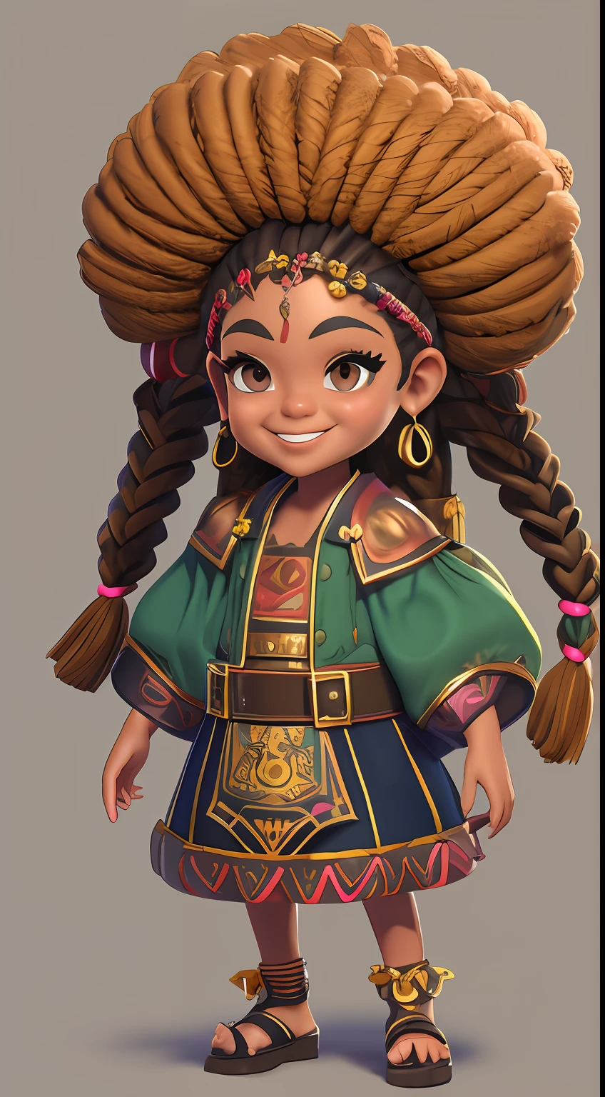 final art of a body head afro brazilian bahian girl,with braids and with hair clothing,arms crossed,smiling looking with brown eyes dished high quality character design, character design art, children's art in 3d rendering, highly detailed character design, cartoon concept art, character design, professional character design,  character design concept art, colorful concept art design illustration, character concept art, stylized character design, [ character design