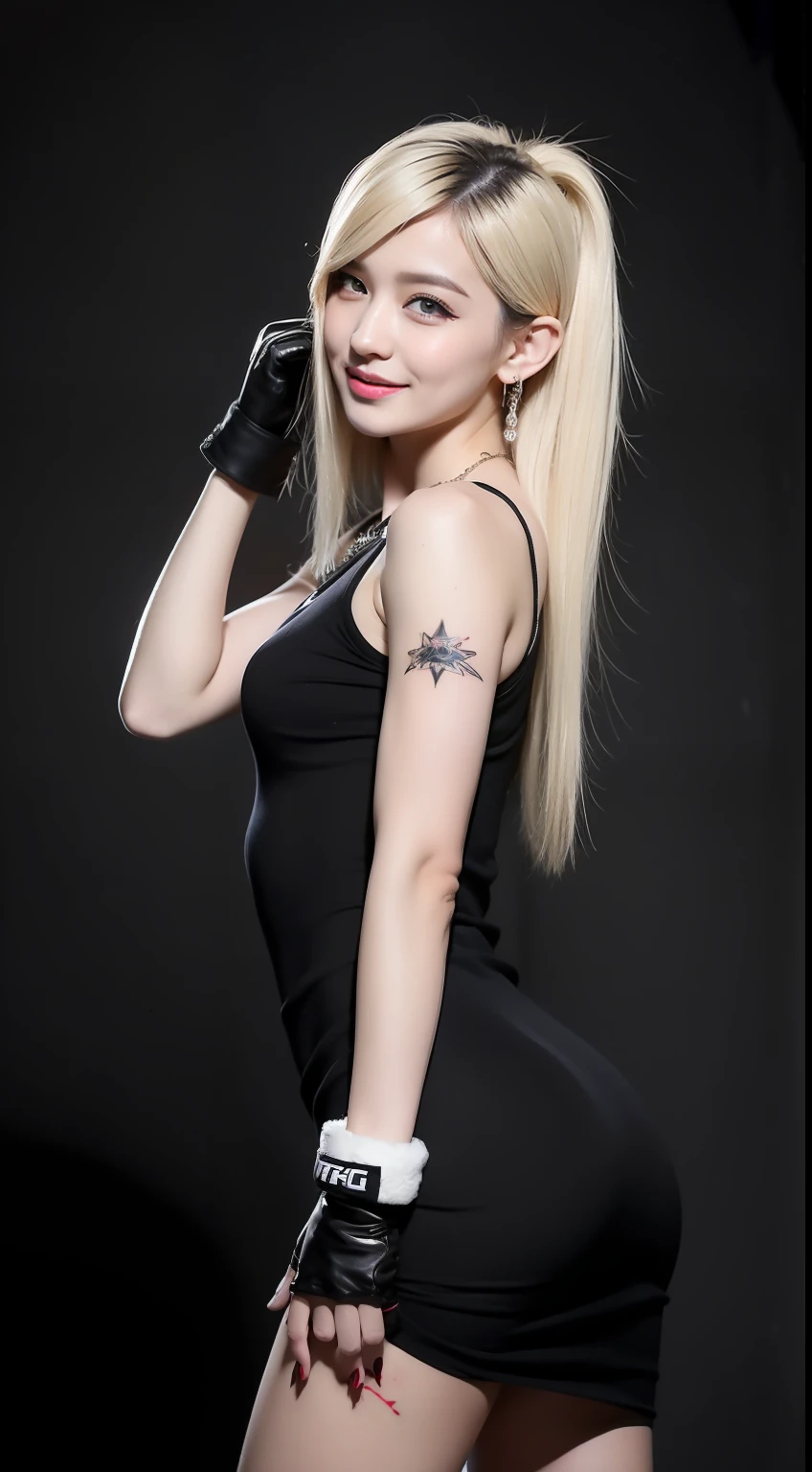 (masterpiece), best quality, expressive eyes, perfect face, stocking, black tanktop, little smile , gloves, blonde, armpit, straddle, tight dress, big boobs, necklace, earing, punk, rock, emo, long hair, tattoo Korean girl, UFC girl, 5 girls, Bigg ass, butt,  octagon