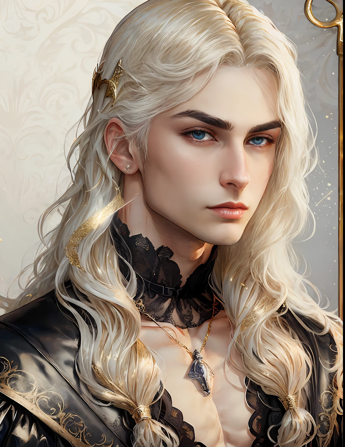 gorgeous male vampire with a perfect balance of masculine and feminine features, stunning long white hair, white and gold tetradic colors, perfect anatomy, seductive red eyes, 8k resolution, (Single person), masterpiece, perfect face:1.2), intricate details, gothic Victorian detailed background, ancient, balenciaga, glitter