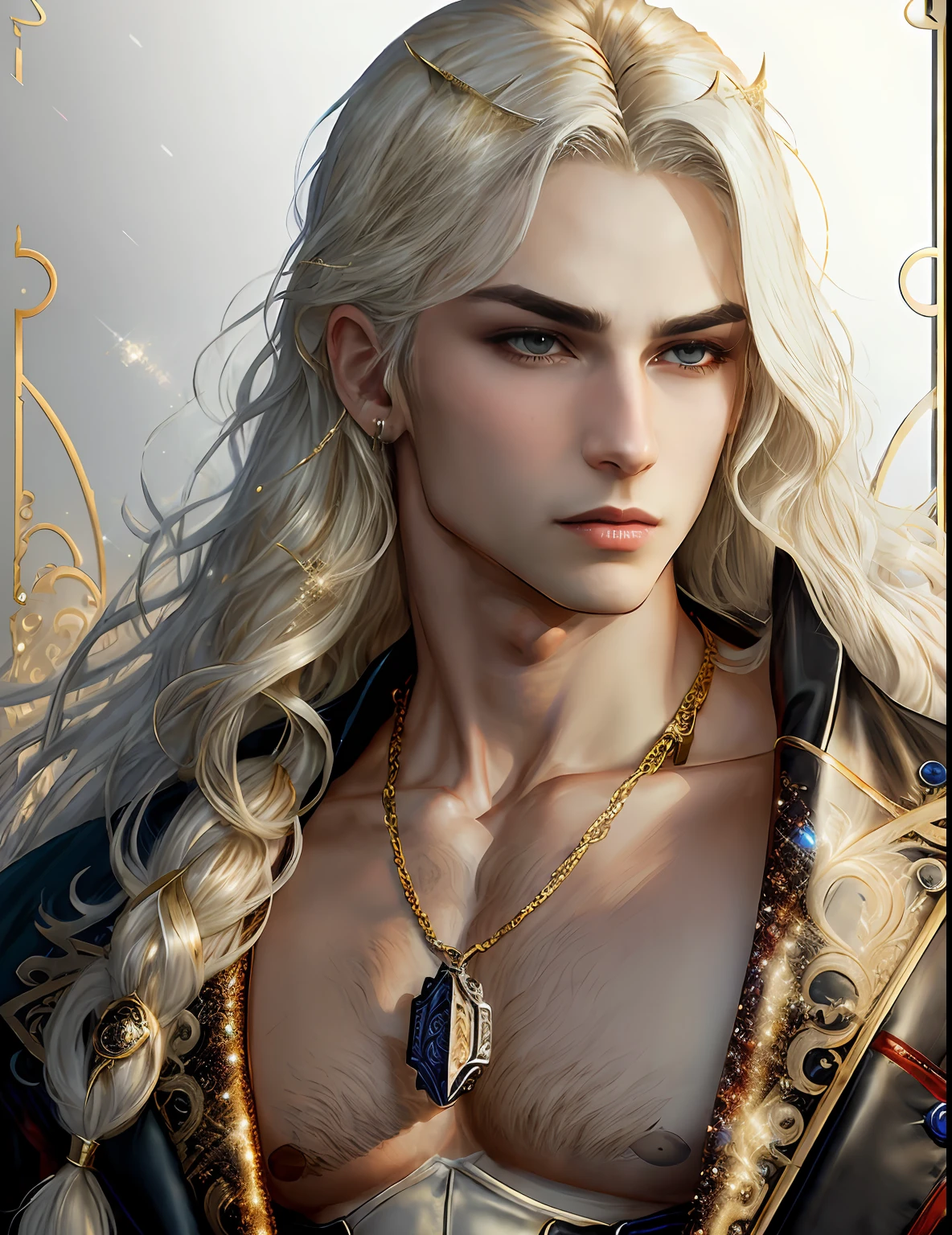 gorgeous male vampire with a perfect balance of masculine and feminine features, stunning long white hair, white and gold tetradic colors, perfect anatomy, seductive red eyes, 8k resolution, (Single person), masterpiece, perfect face:1.2), intricate details, gothic Victorian detailed background, ancient, balenciaga, glitter