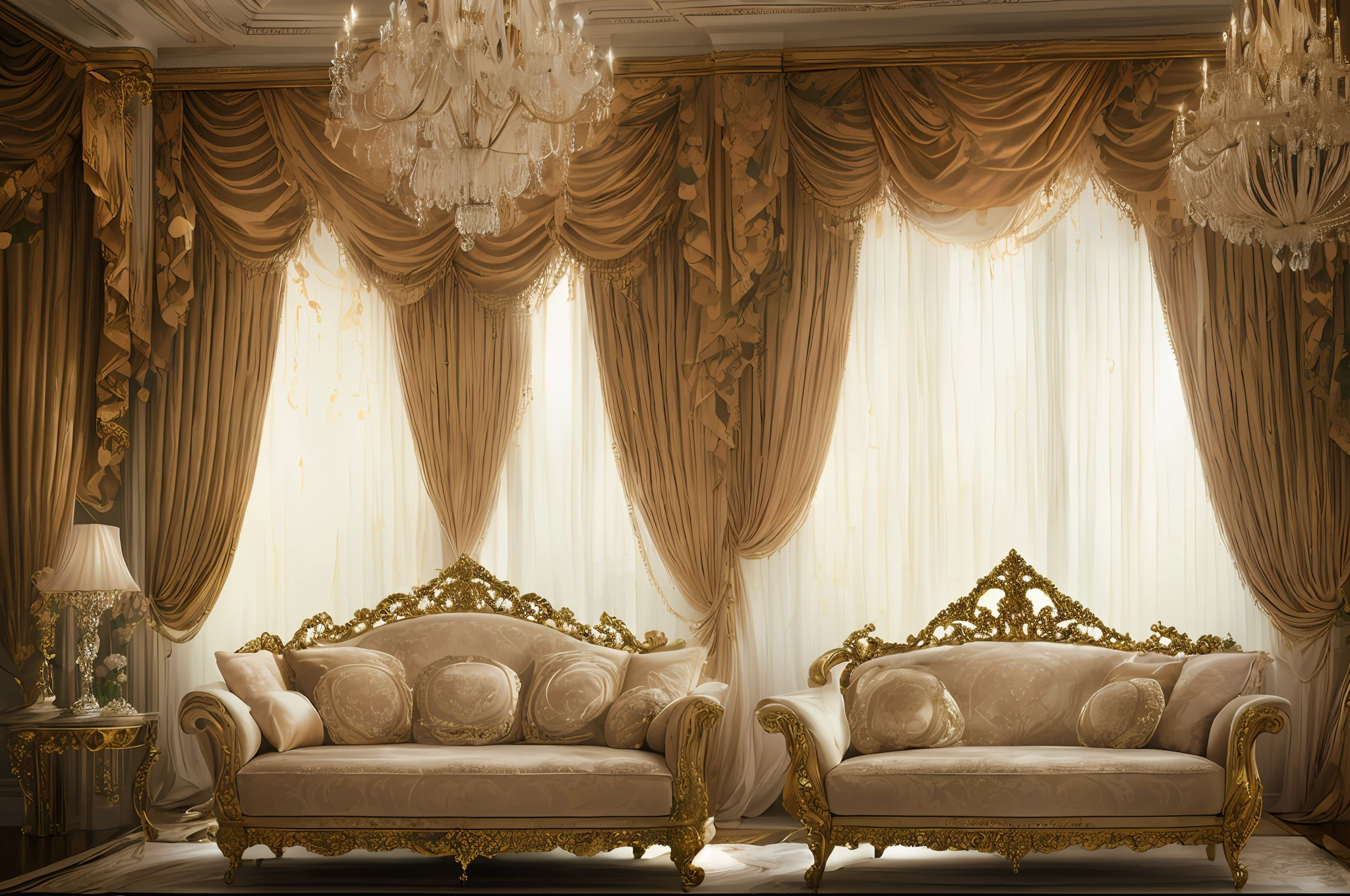 arafed room with a couch and a chair and a chandelier, beautiful drapes, luxurious environment, lavishly decorated, extremely opulent, fancy drapery on furniture, background made of big curtains, lavish rococo baroque setting, draped drapes, elegant and ornate, ornate and elegant, ornate and flowing, victorian style, elegant and extremely ornamental