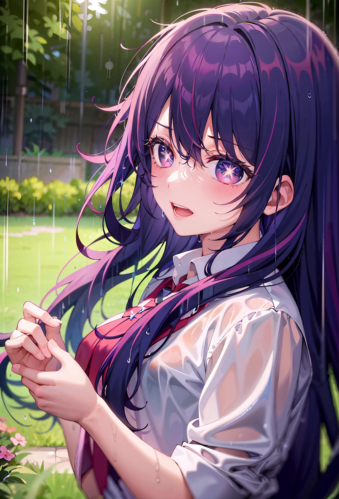 one-girl（（There is a five-pointed star in the eye））A girl with long purple hair，JK school uniform，very heavy rain，In the rain，large lawn，Drenched