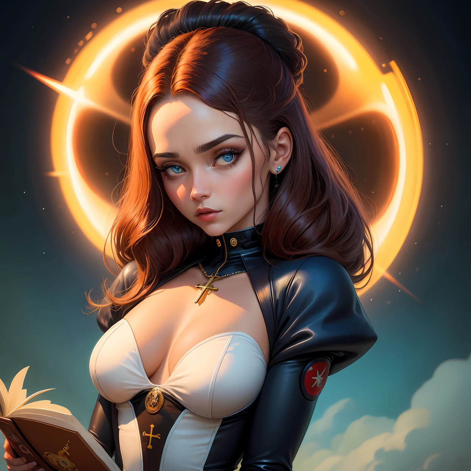 (pintura digital), (melhor qualidade),uma pintura de uma mulher sexy ,cabelo branco muito atraente com um livro e um cachorro, altamente detalhada ,peitos grandes e sexy com decote , scifi religioso, magic realism , Surrealismo pop estilo de arte lowbrow, arte lowbrow, rob mcnaughton, Directed by: Dave Arredondo, Directed by: Aaron Jasinski, Surrealismo lowbrow, Benjamim Lacombe, gnosticismo, alta qualidade ,olhos azuis , Mulher perfeita