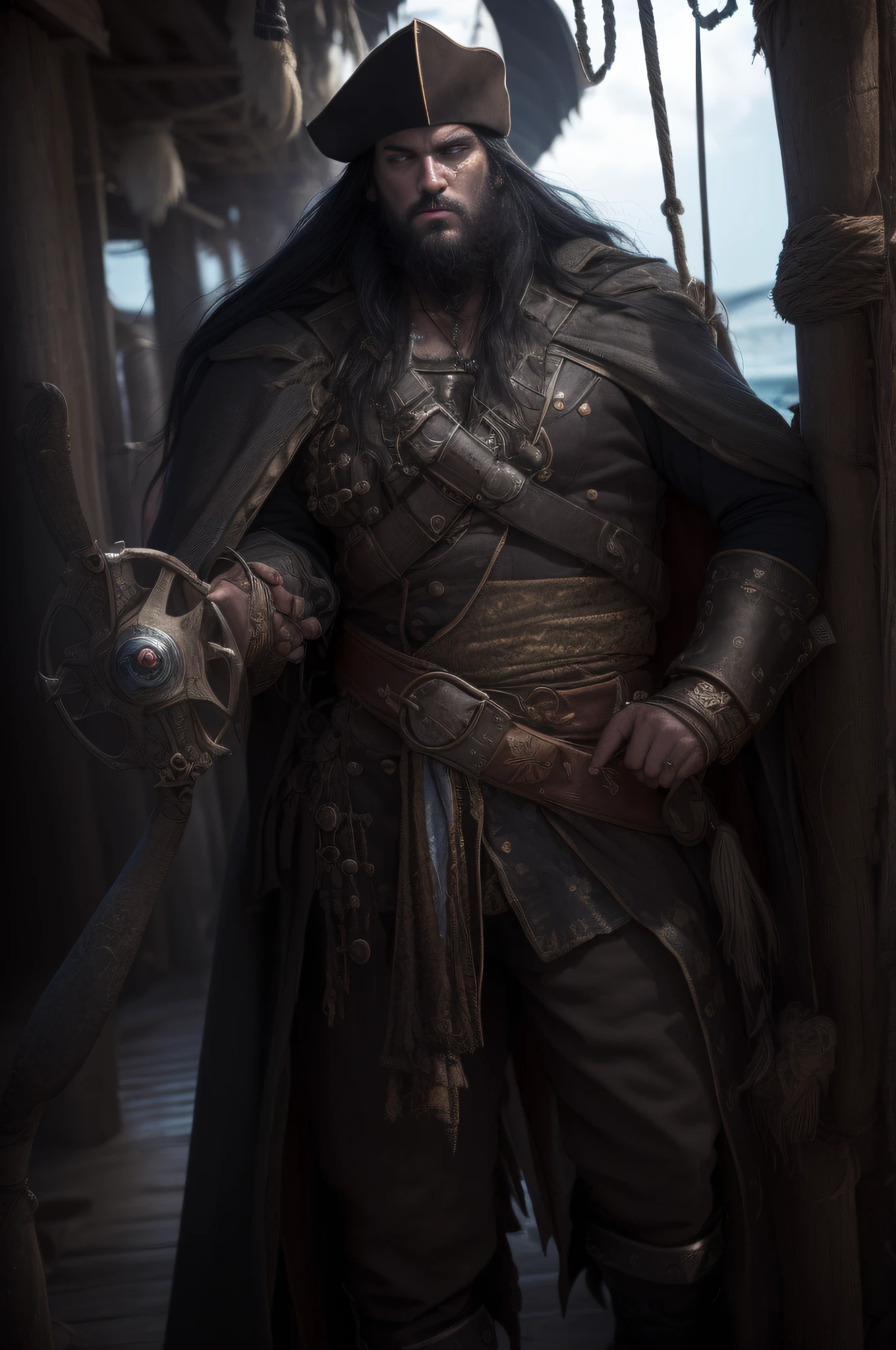 (Cinematographic photo:1.3) de (Ultra Detalhado:1.3), ((epic heroic fantasy, rough man, hero, olhar raivoso, with long black hair and long black beard and fierce look in a dynamic posture)), com roupas piratas pretas e chapeu pirata, Rosto cheio,(fundo escuro:1.4) (epic realistic, HDR, detalhes intrincados, hiperdetalhado, cinemactic, Silenciado: 1.5), ((fantastic location, majestoso ambiente Navio)), poros da pele, very dark lighting, sombras pesadas, rosto detalhado e detalhado, (Foto realista, Dramatic, Escuro, foco nítido, 8k), (danificado velho vestido de Pirata danificado: 1.5), (intrincado: 1.4), decadente, (altamente detalhado: 1.4), octane rendering, foco nítido, chuva forte, floating particles, (Cinemacolor:1.3)