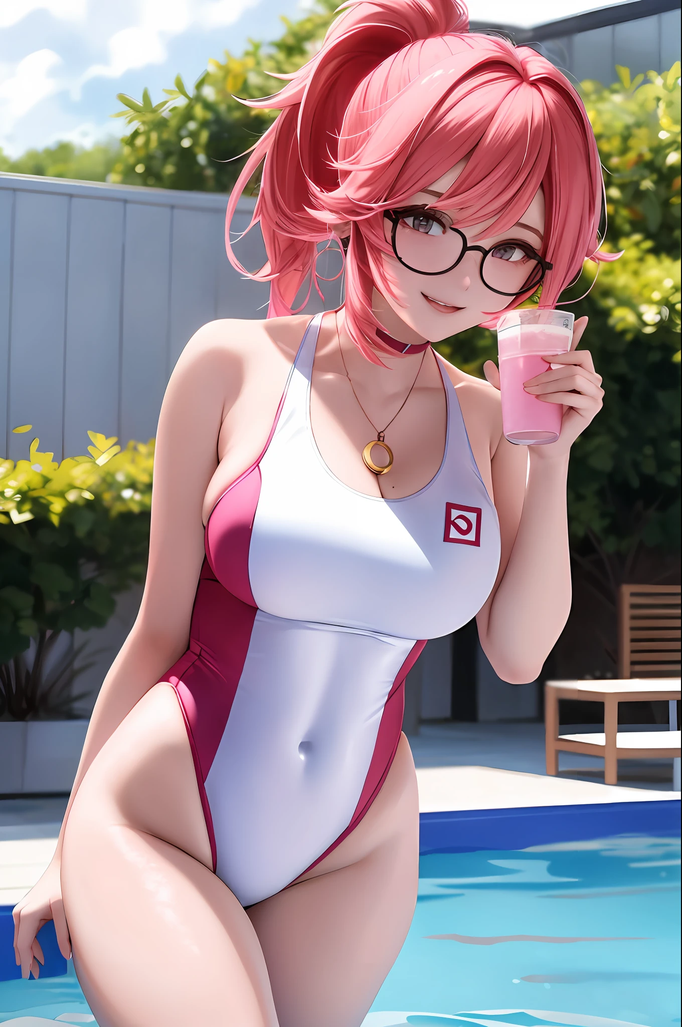 8K, (ultra - detailed), teens girl，quadratic element，Pink hair，Wearing white silk，wears glasses，swimming uniform，比基尼，D-cups，Bigchest，self-expression，sitted，Drinking a juice，High ponytail，ssmile，best qualtiy，cat ear，Pink swimsuit，Pink panties，Bigchest，D-cups，(A masterpiece)，((high qulity))，((tmasterpiece))，White skin，crisp breasts，Plump ，White one-piece swimsuit