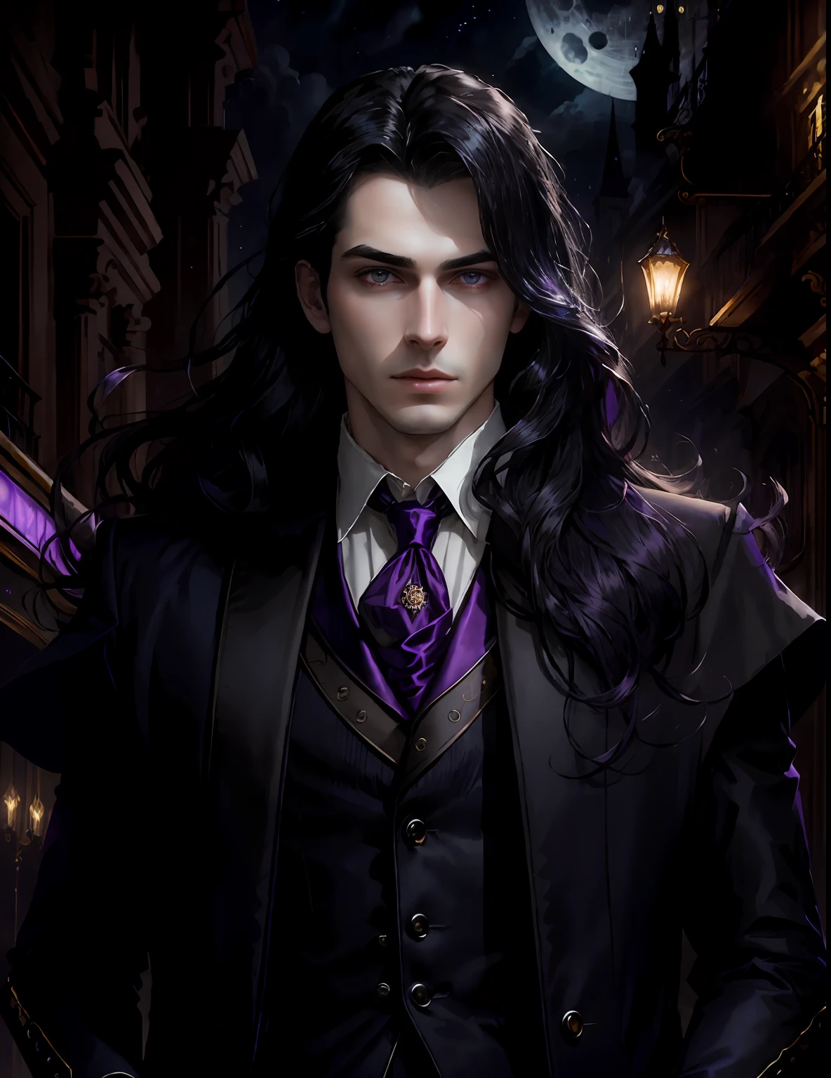 masterpiece, highest quality, (solo focus), (perfect face:1.1), (high detail:1.1),dramatic, (1guy), (pale skin), long black hair, purple ethereal eyes, solo, long hair, moon, night, dark Victorian luxury suit, pouty lips, covered, futuristic city, detailed background, art by artgerm and greg rutkowski, cinematic lighting,