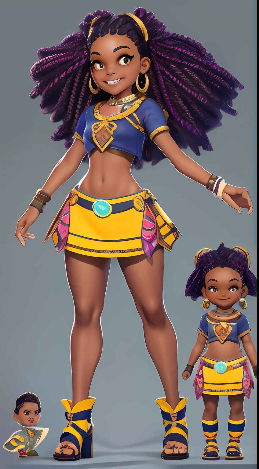 final art of a body head afro brazilian bahian girl,with braids and with hair clothing,arms crossed,smiling looking with brown eyes dished high quality character design, character design art, children's art in 3d rendering, highly detailed character design, cartoon concept art, character design, professional character design, character design concept art, colorful concept art design illustration, character concept art, stylized character design, [ character design