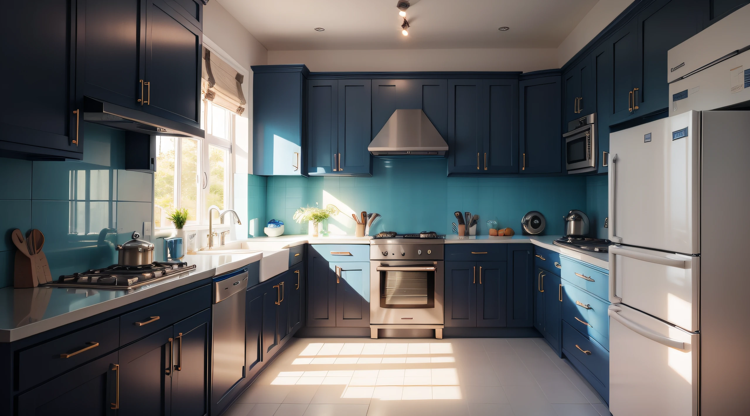 blue kitchen with table in front