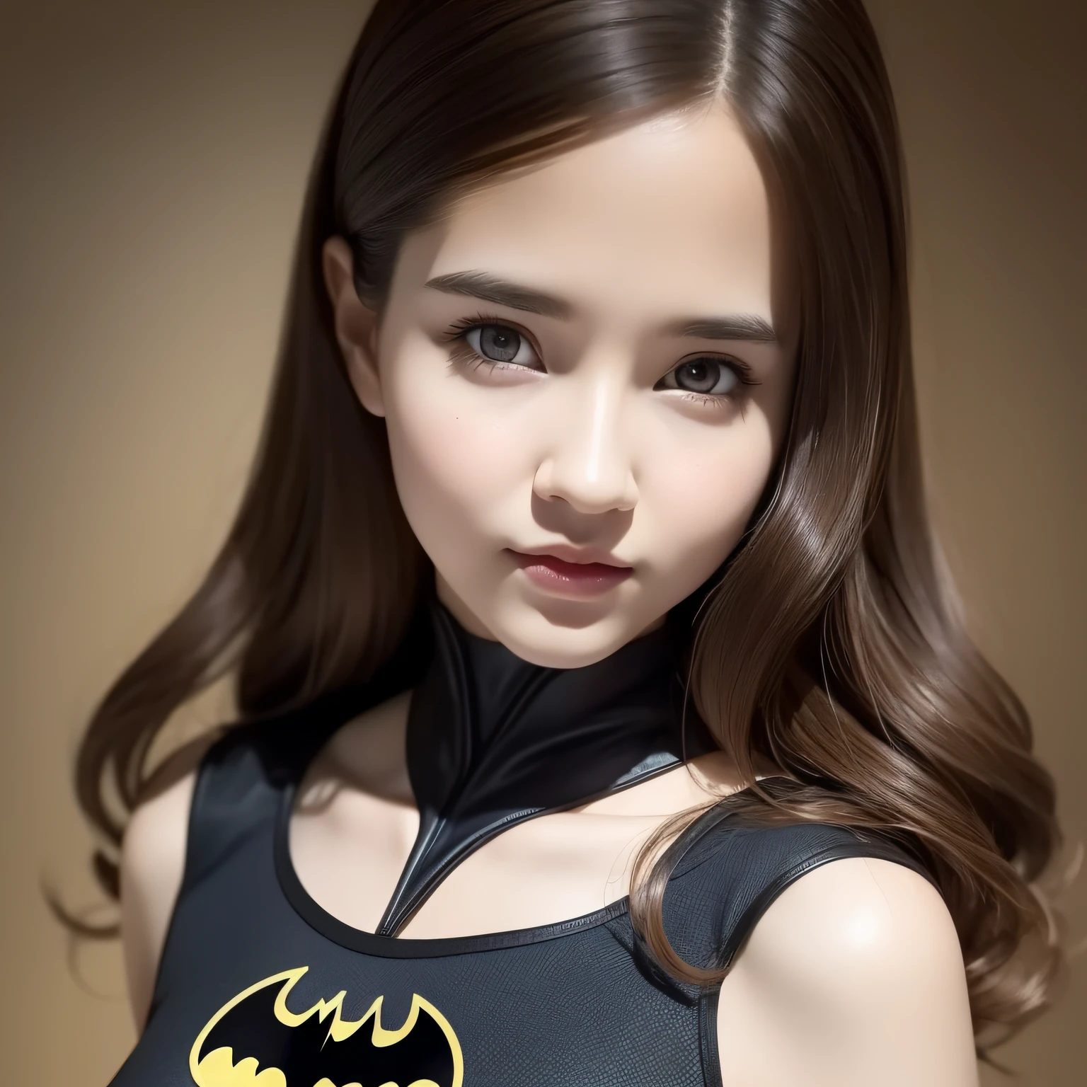 best quality, masterpiece, (realistic:1.2), 1 girl, brown hair, brown eyes, Front, detailed face, beautiful eyes, batman suit