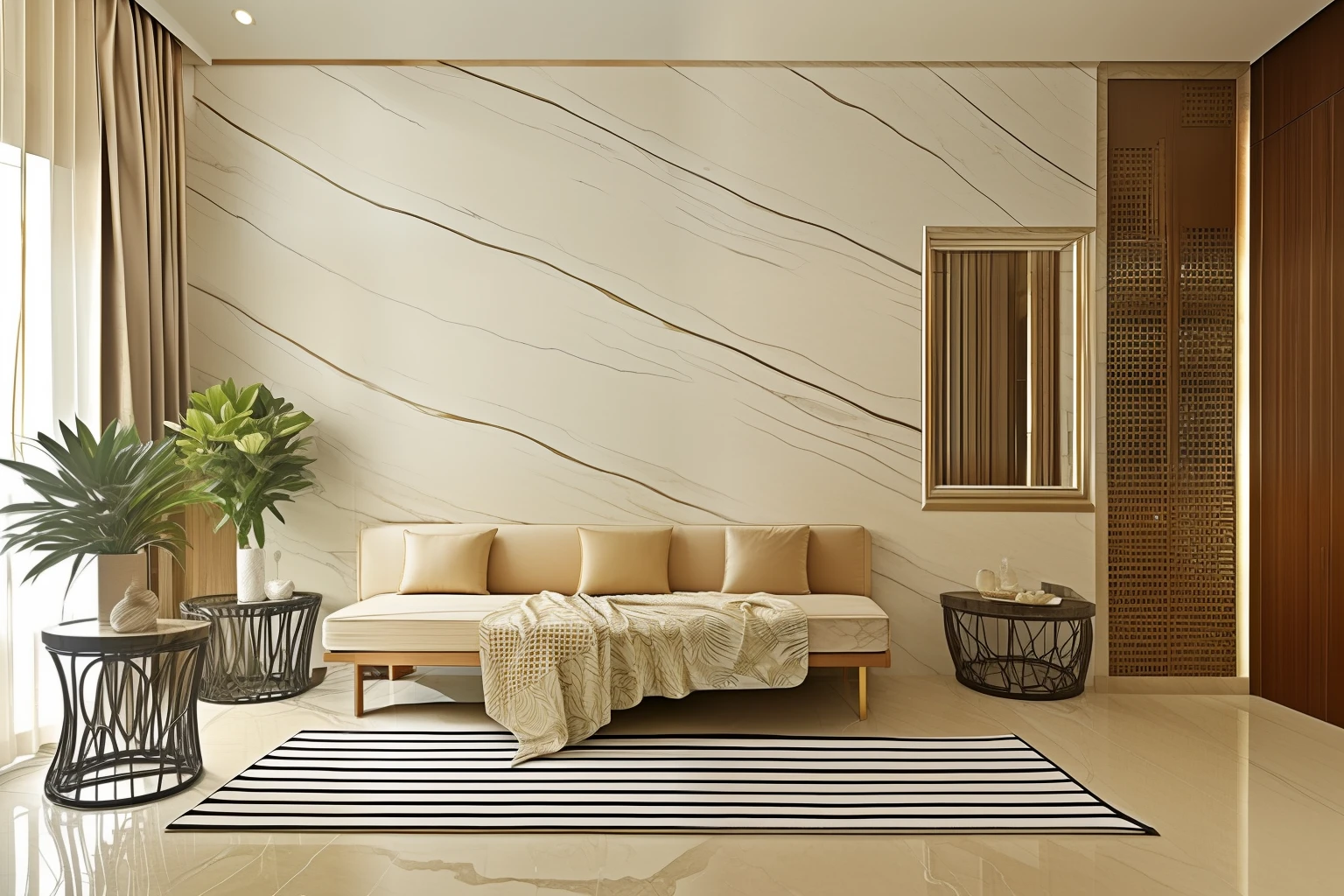 Modern interior design, brightly, Sunny, Modern, Natural materials, minimalist, a tree, Marble, rattan