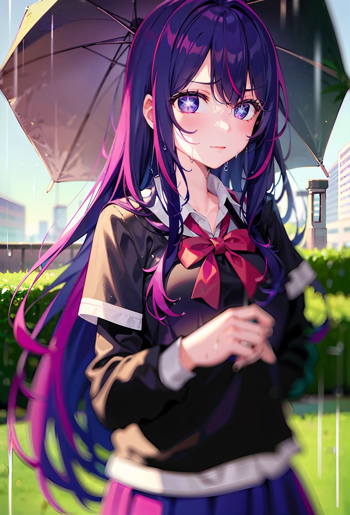 one-girl((There is a five-pointed star in the eye))A girl with long purple hair,JK school uniform,very heavy rain,In the rain,large lawn,Drenched