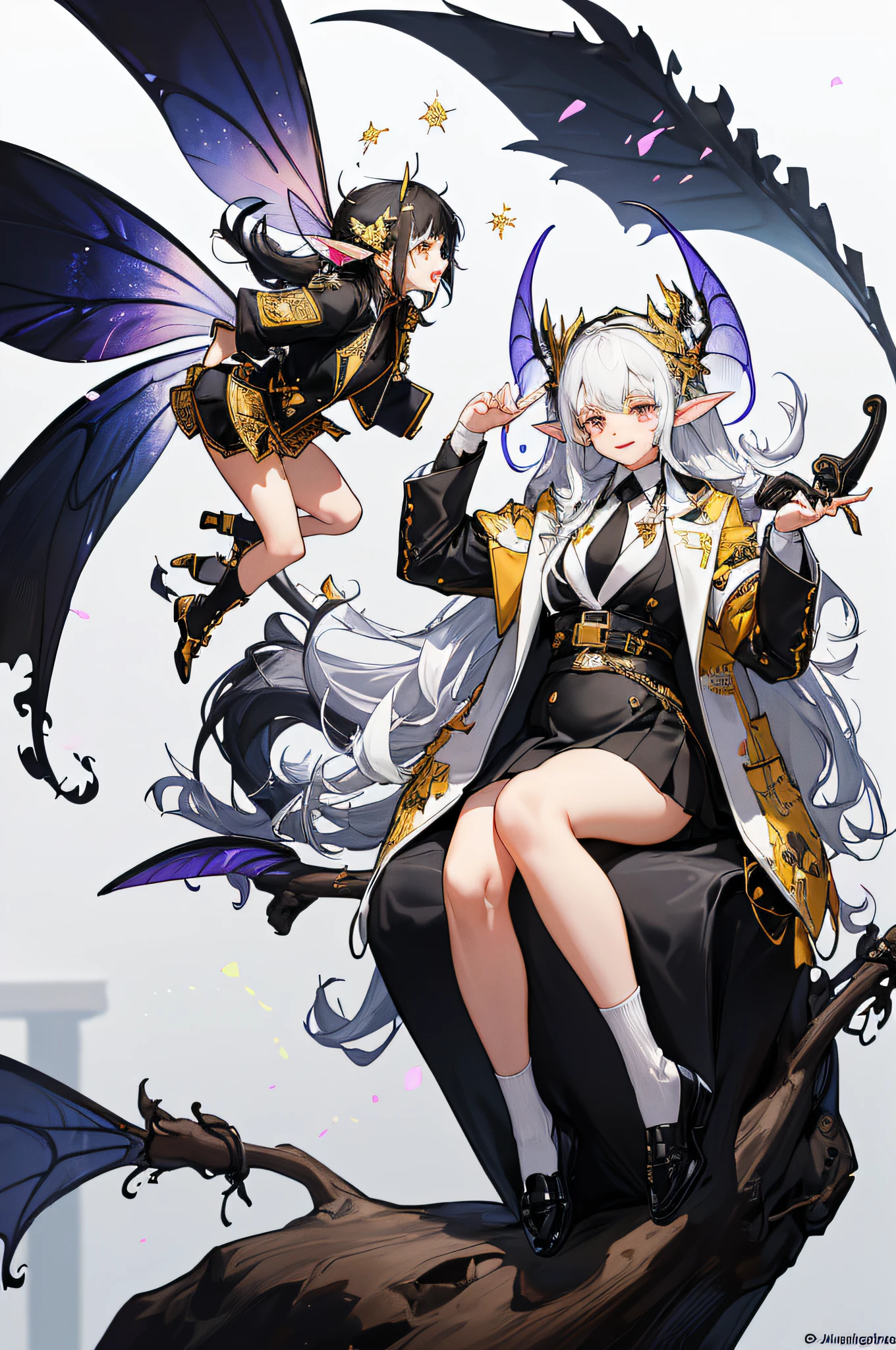 (the golden ratio:1.2),(coda:1.2),[(White background:1.4)::10],(full bodyesbian:1.2),(ultradetailed:1.3),(faeries:1.6),(scutes:1.2),full bodyesbian,Sit on a stump,(adolable:1.2),(Long white hair),(black hair ornament),(Horn hair accessories:1.0),((Small leather shoes,medalion)),(leotard skirt:1.0)+(Loose-fitting sleeved jacket:1.3)+,(didn't wear socks，
