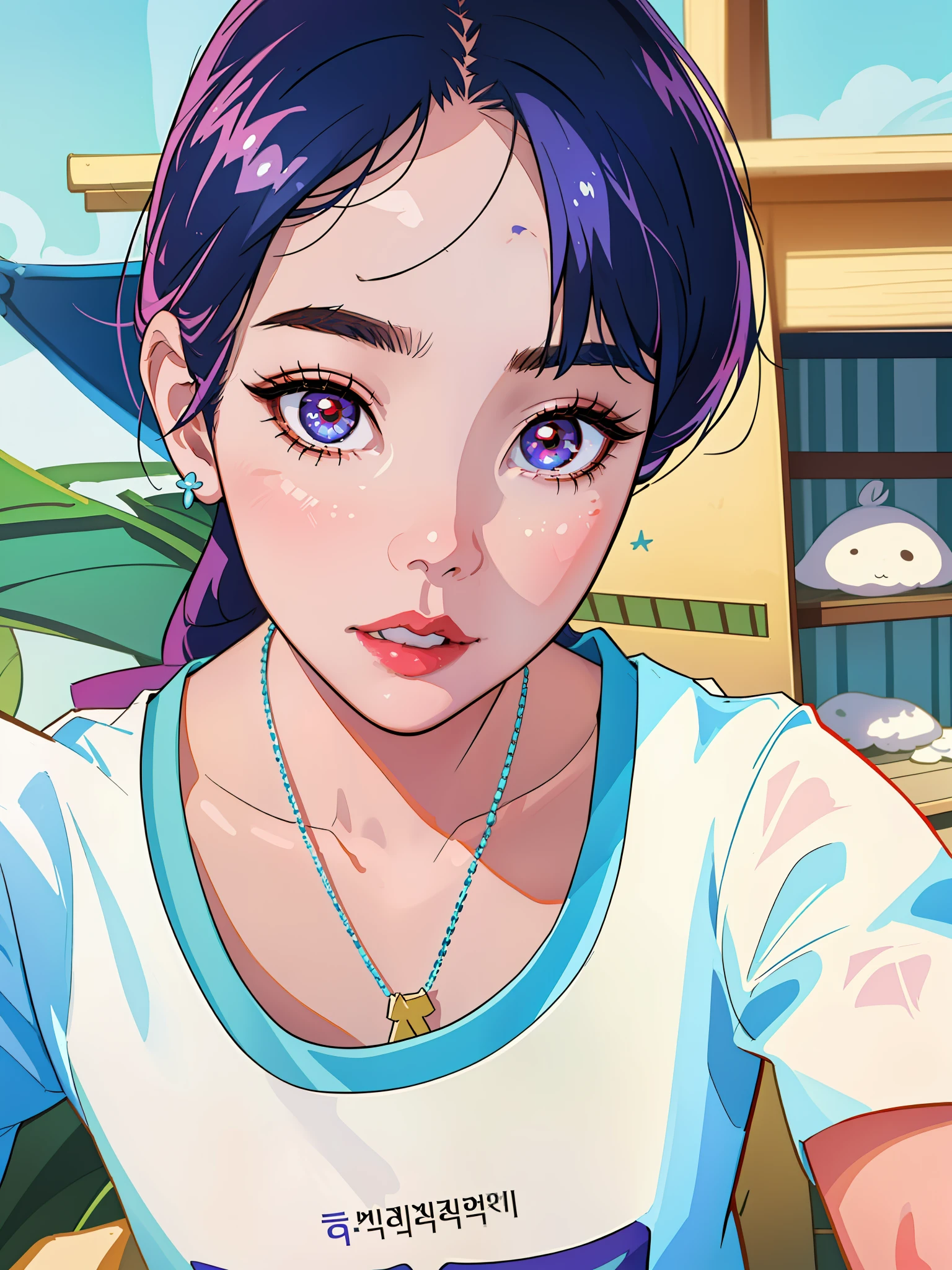 there is a woman with a necklace on her neck posing for a picture, ulzzangs, young lovely Korean faces, wan adorable korean face, with round face, Popular Korean makeup, popular korean makeup, young cute wan asian face, Choi Hyun-hwa, Korean girl, jaeyeon nam, 8k selfie photograph, pale round face, Korean face features