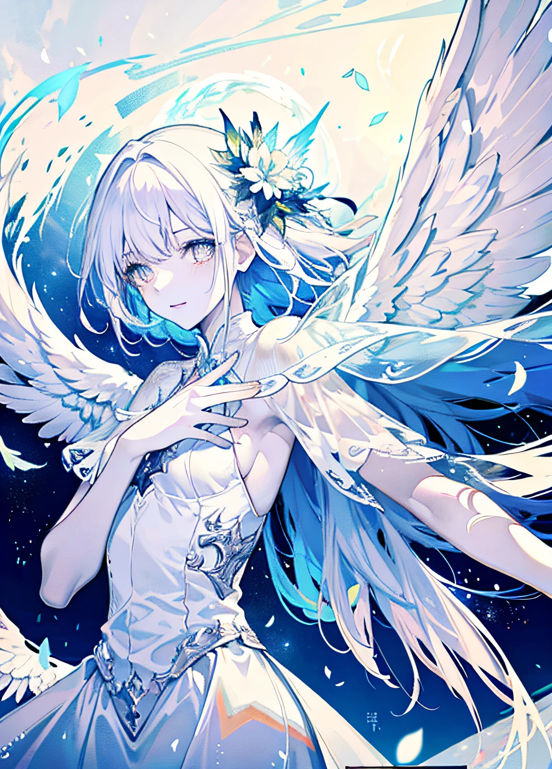 An angel is depicted with a pale and luminous complexion, their skin seemingly glowing with an otherworldly radiance. They are adorned with a pair of sparkling and graceful wings, symbolizing their divine nature. The scene is ethereal and enchanting, capturing the beauty and mystery of these celestial beings. angel, pale, luminous, complexion, glowing, otherworldly, radiance, sparkling, graceful, wings, divine, ethereal, enchanting, beauty, mystery.upper body,