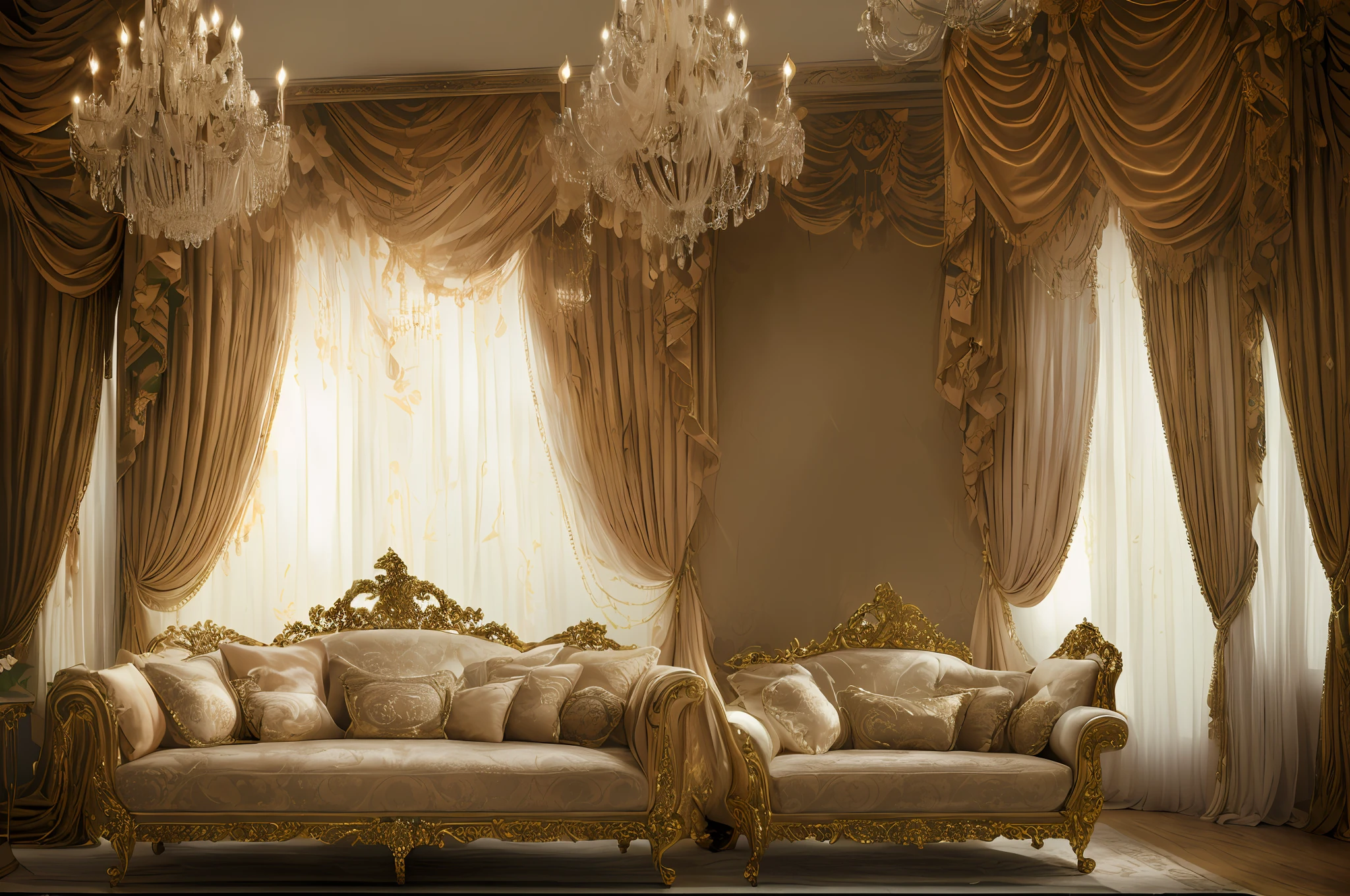 arafed room with a couch and a chair and a chandelier, beautiful drapes, luxurious environment, lavishly decorated, extremely opulent, fancy drapery on furniture, background made of big curtains, lavish rococo baroque setting, draped drapes, elegant and ornate, ornate and elegant, ornate and flowing, victorian style, elegant and extremely ornamental