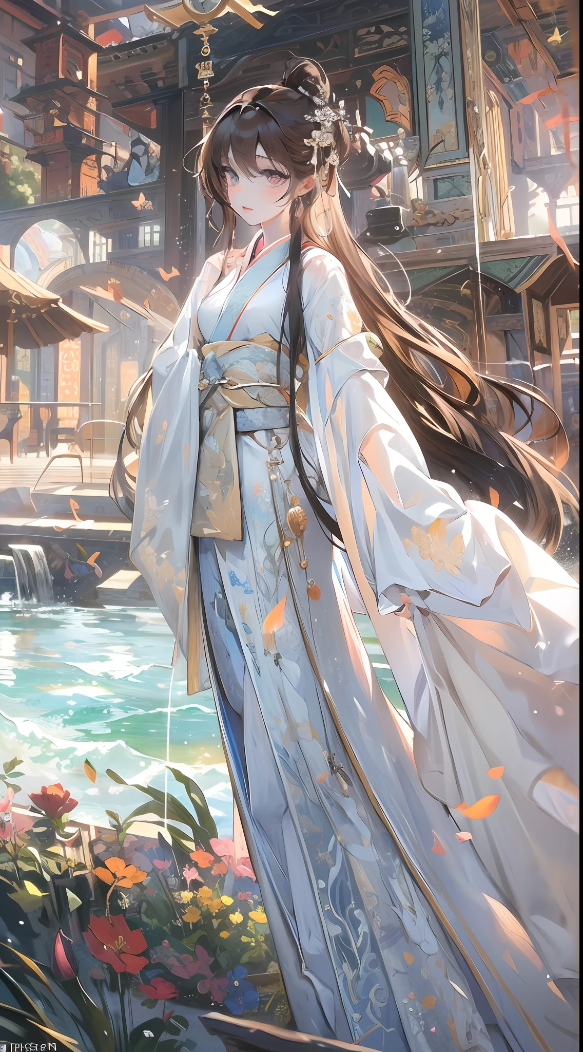 Best quality at best,tmasterpiece,illustratio,an extremely delicate and beautiful,The is very detailed,CG,unity,8k wallpaper,astounding,finely detailled,tmasterpiece,Best quality at best,offcial art,Very detailed CG unity 8k wallpaper,absurderes,Incredibly Ridiculous res,hugefilesize,ultra - detailed,A high resolution,The is very detailed,Beautiful detailed girl,very detailed eyes and faces,beatiful detailed eyes,light in face,(Hanfu:1.1),1girll,full bodyesbian,full bodyesbian,shot of,,tmasterpiece,1girll,独奏,brunette color hair,white dresses,,white thighhig,lake,dampness