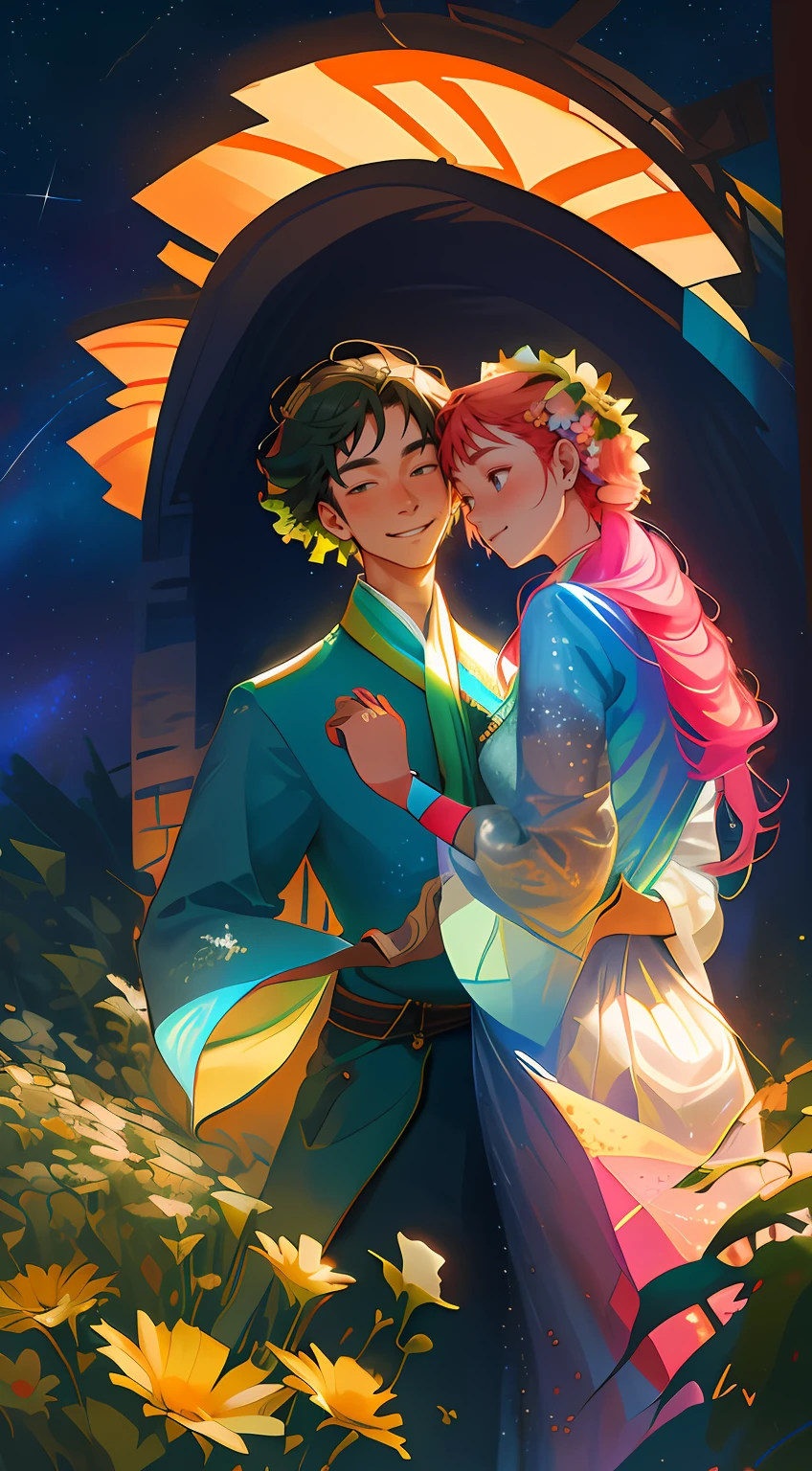tmasterpiece, hiquality, Guy and girl holding hands, Ukrainian symbols, Ukrainian national costumes, Boho style,In transparent, neon garland, night time, neon lights, romance, happiness, Love,Lovers, holiday, Plants, a starry sky, galaxy, Magic reigns around them, Magic, Flowers, fern, Beautiful sunset, merriment, Floral arrangements, wreaths of flowers on the head, woods, Flower glade, willow, willow, willow, 8K, Colorful, full color drawing,