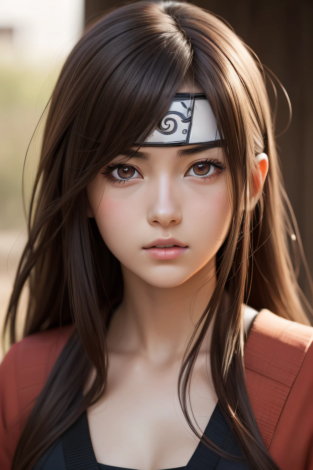 best quality, masterpiece, (realistic:1.2), 1 girl, brown hair, (Naruto cartoon) Uchiha Sharingan eyes,Front, detailed face, Senpou: Chou Odama Rasen Tarenga