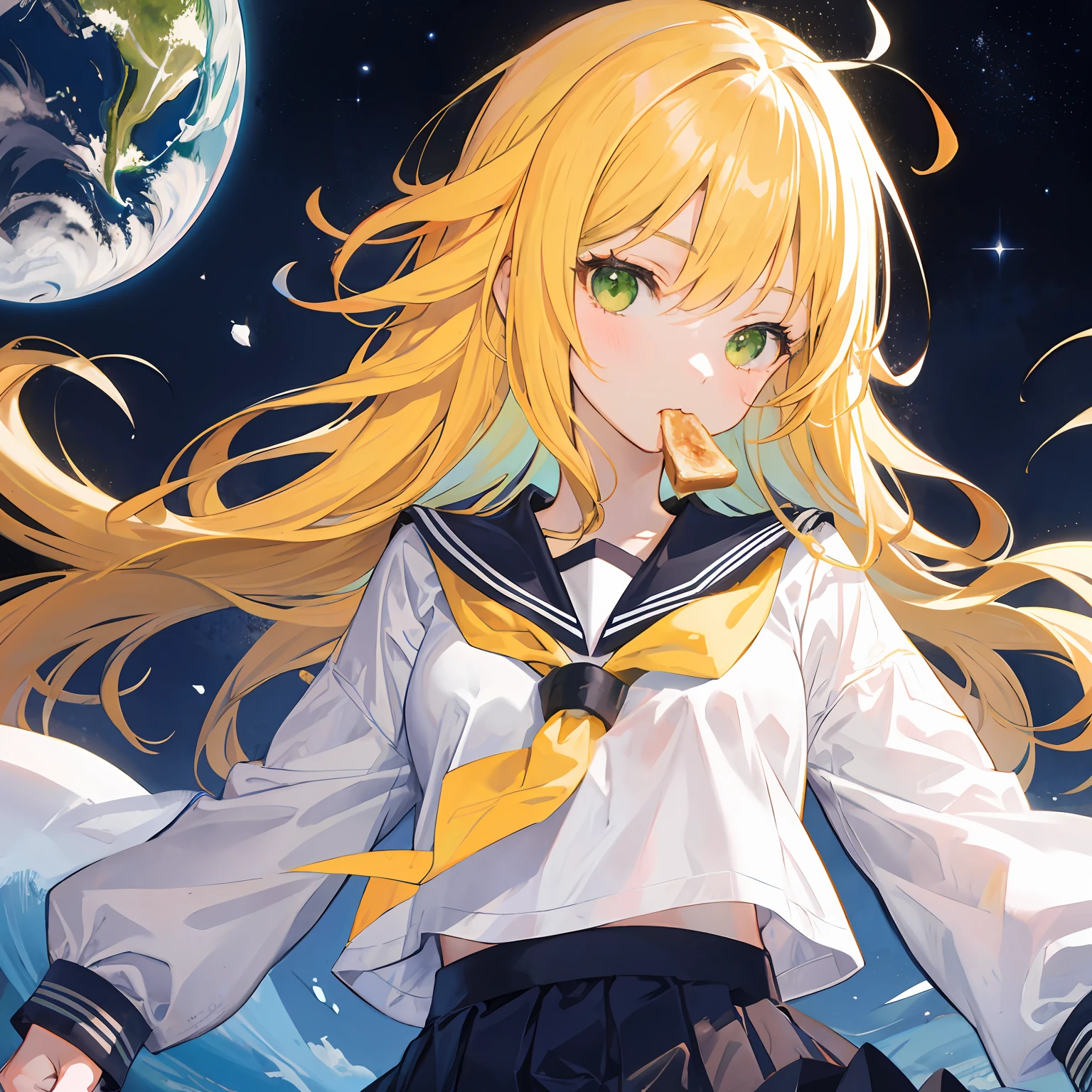 1girl,run,Yellow hair,long hair,messy hair,green eyes,serafuku,toast in mouth,universe,earth