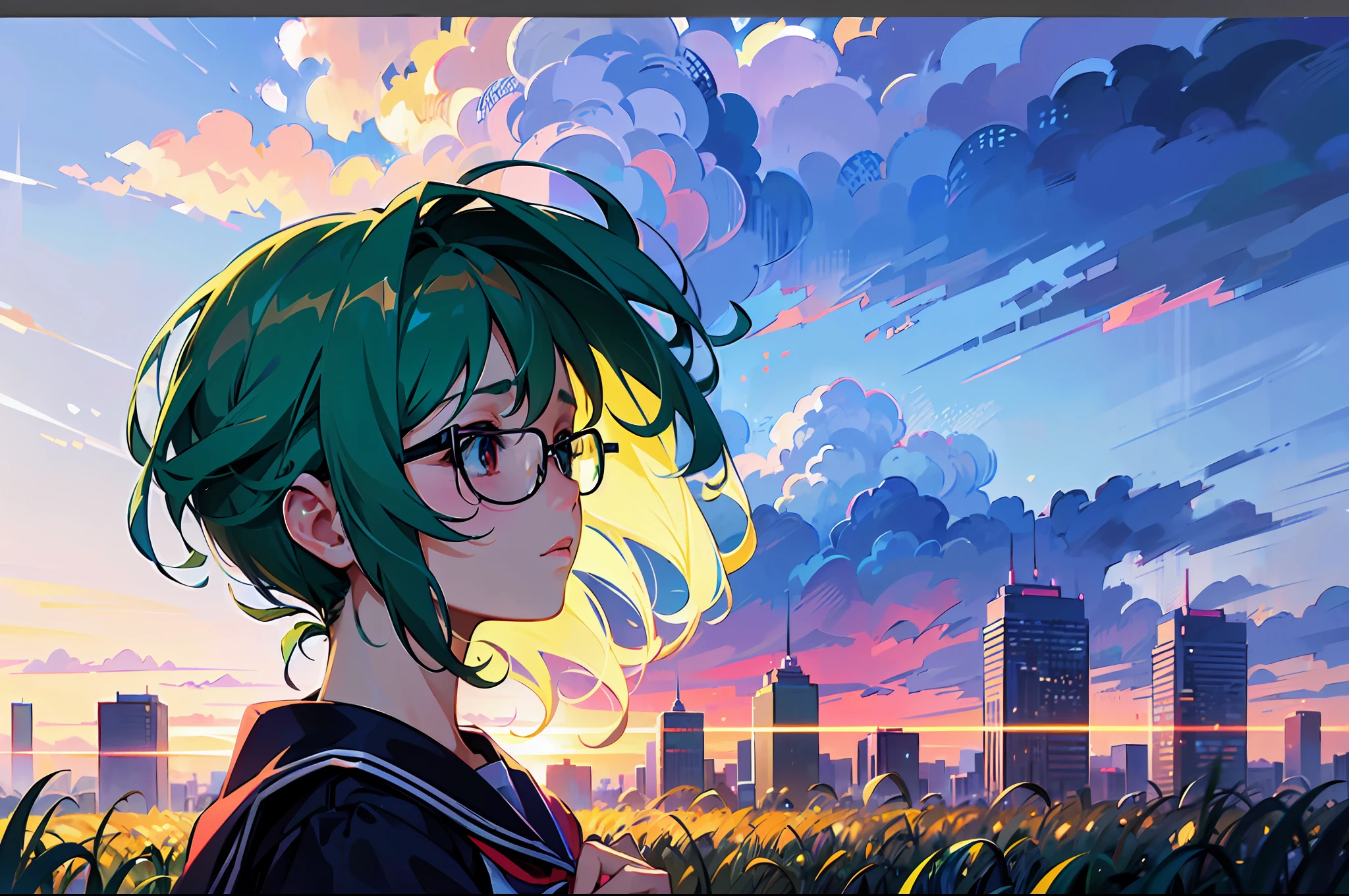a college girl with glasses sitting on wide grass field, rainbow dyed hair, blue shirt, side view, sad face, tired, city scape lofi portrait, digital anime illustration, detailed digital anime art, anime portrait, anime moe artstyle, realistic anime art style, anime realism style, semirealistic anime style, anime character portrait, high quality anime artstyle