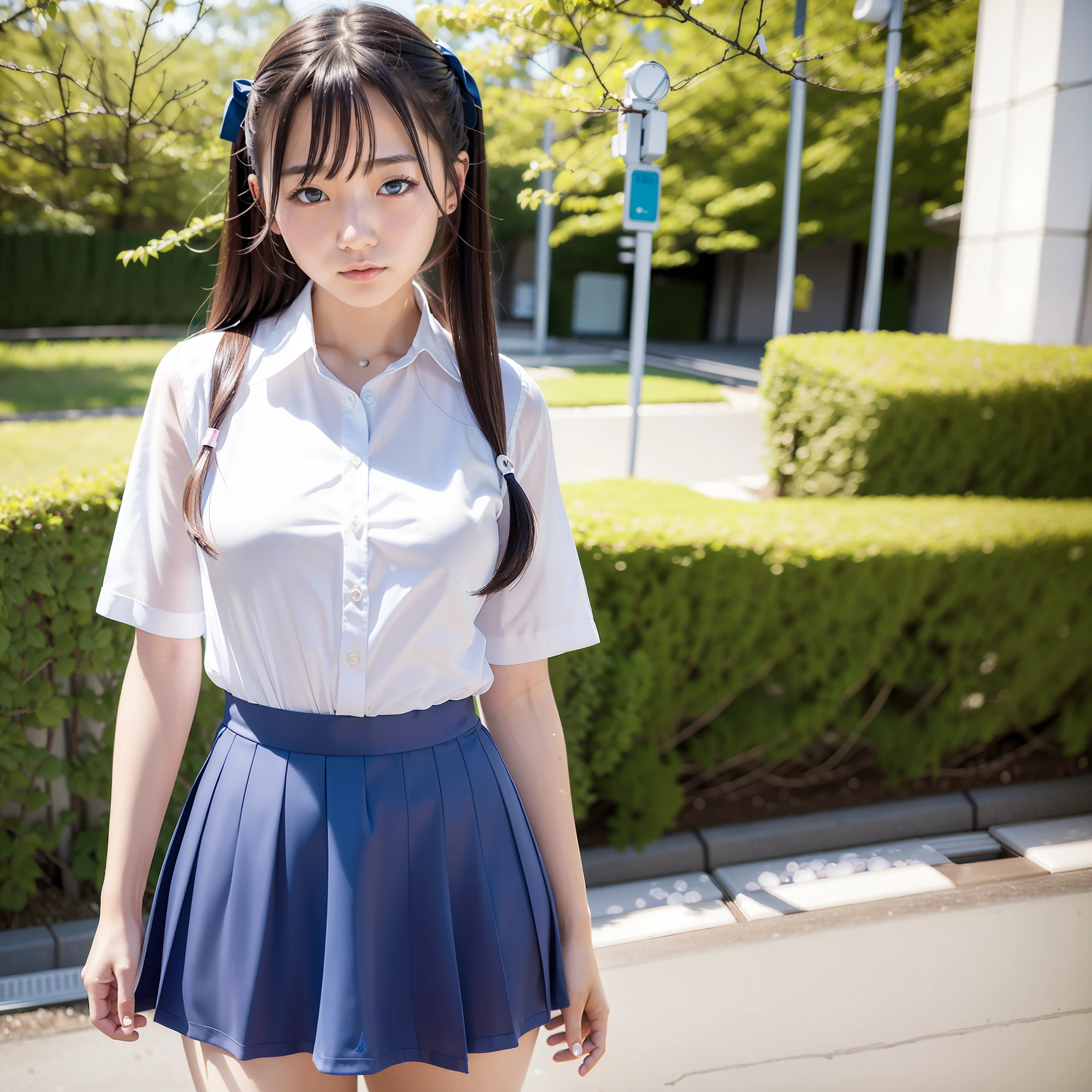 Delicate and masterpiece、beautifuldetails、fine detailed、8k、On the way to school in midsummer、Realistic Japan high school girl wearing school uniform of famous girls' school in Shinagawa-ku, Tokyo in realistic Japan、Hair is tied back、The shirt is open to the third button, wet with sweat, and adheres to the skin, showing through realistic underwear and human skin.、A cute face like a real and realistic idol with a little sweat、