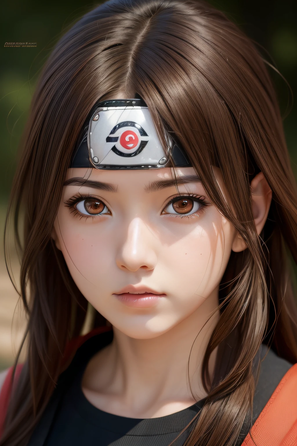 best quality, masterpiece,  (realistic:1.2), 1 girl, brown hair, (Naruto cartoon) Uchiha Sharingan eyes,Front, detailed face, Senpou: Chou Odama Rasen Tarenga