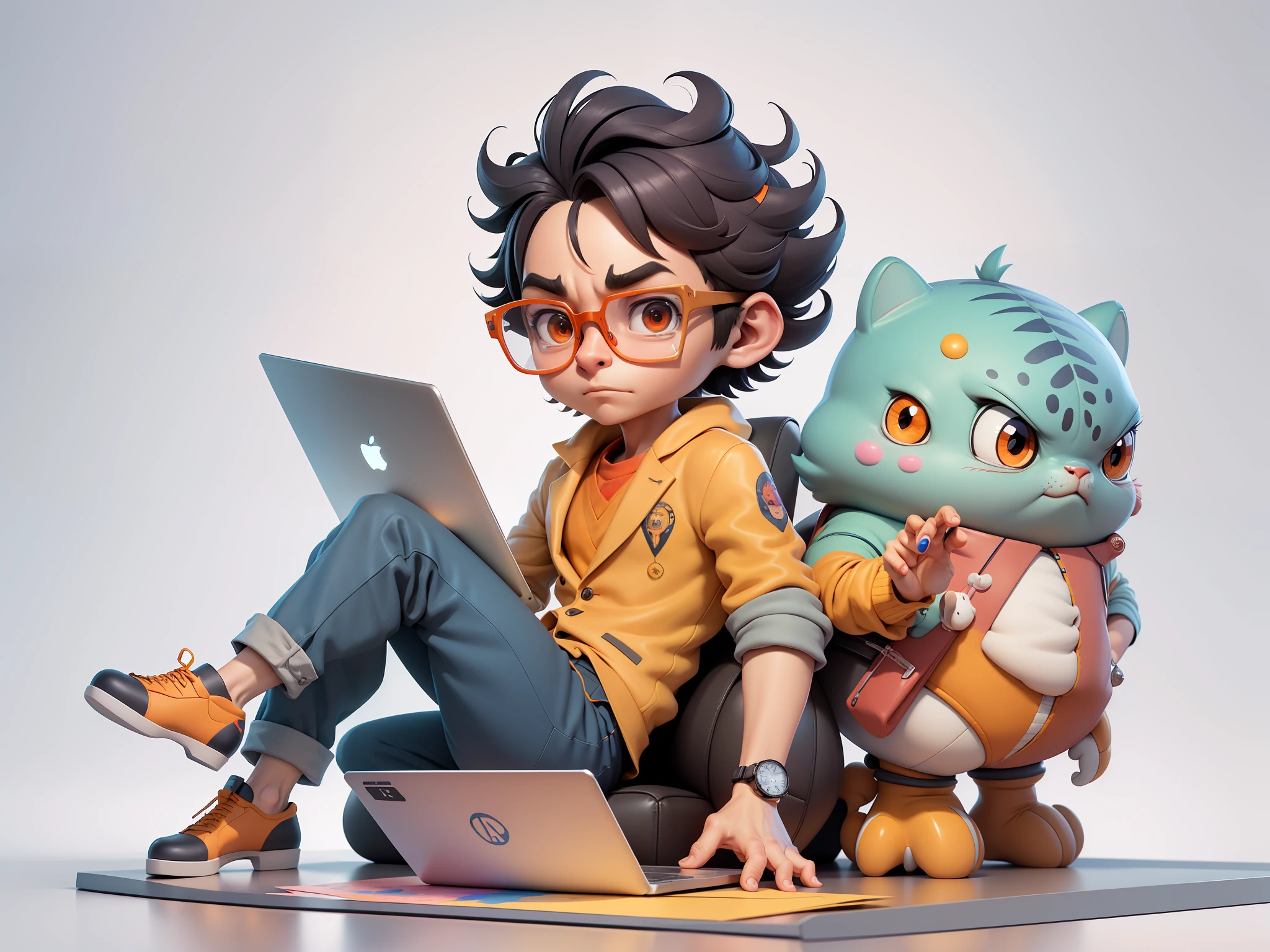 A young man in a suit, Short hair and glasses sat at his desk，holding laptop，digitial painting，tigre，3D character design by Mark Clairen and Pixar and Hayao Miyazaki and Akira Toriyama，4K HD illustration，Very detailed facial features and cartoon-style visuals。