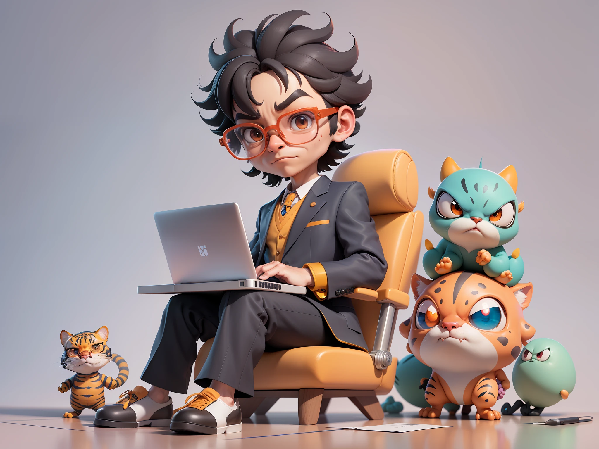 A young man in a suit, Short hair and glasses sat at his desk,holding laptop,digitial painting,tigre,3D character design by Mark Clairen and Pixar and Hayao Miyazaki and Akira Toriyama,4K HD illustration,Very detailed facial features and cartoon-style visuals。