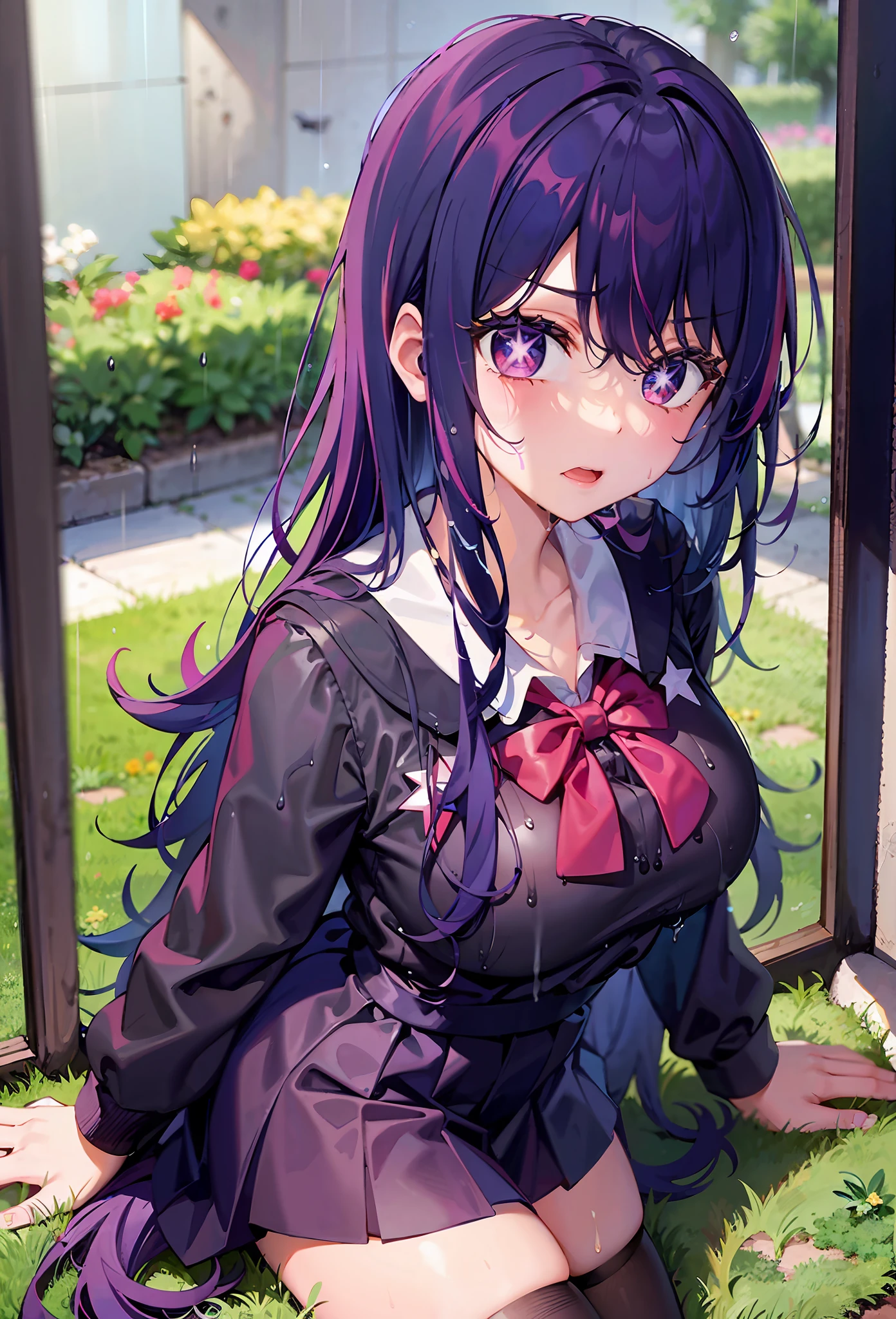 one-girl((There is a five-pointed star in the eye))A girl with long purple hair,JK school uniform,very heavy rain,In the rain,large lawn,Drenched,black lence stockings