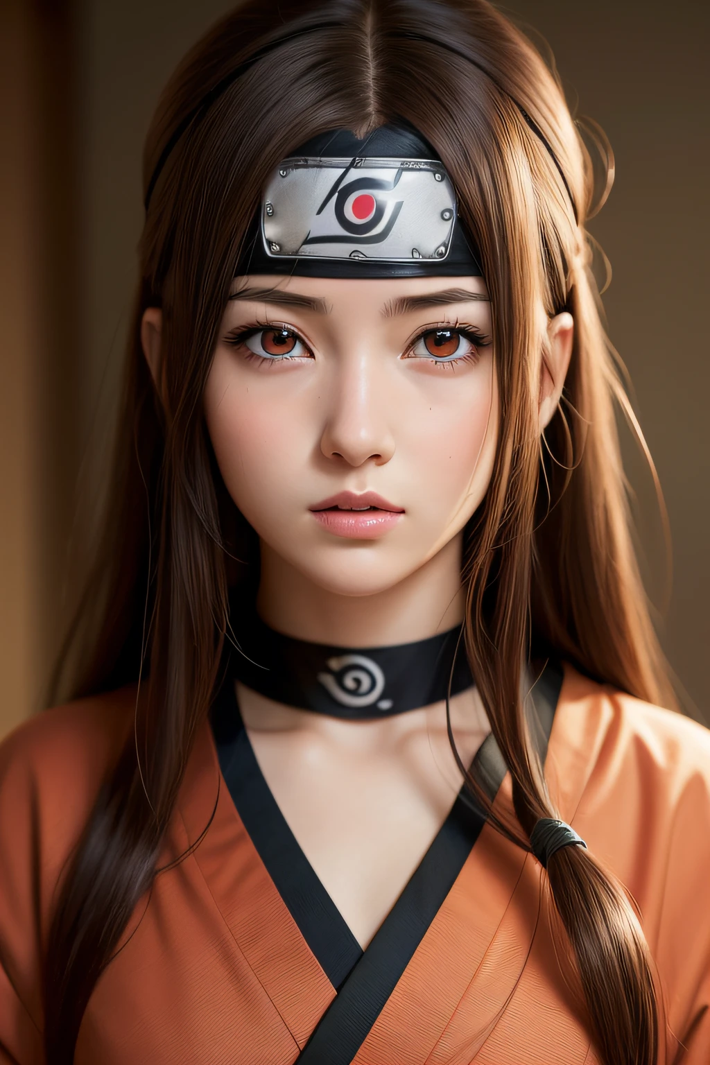 best quality, masterpiece, (realistic:1.2), 1 girl, brown hair, (Naruto cartoon) Uchiha Sharingan eyes,Front, detailed face, Senpou: Chou Odama Rasen Tarenga