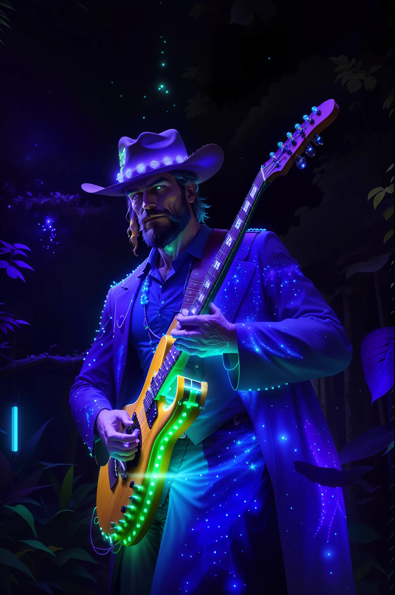 "BiophyllTech presents an awe-inspiring utopia where bioluminescent wonders unfold. A guitarist figure, with a beard and distinctive blue skin, is seen gracefully holding a scroll." cowboy flat hat, yellow Ibanez RG guitar with leds surround body, black clothes, black overcoat, blue light illumination, guitar solo