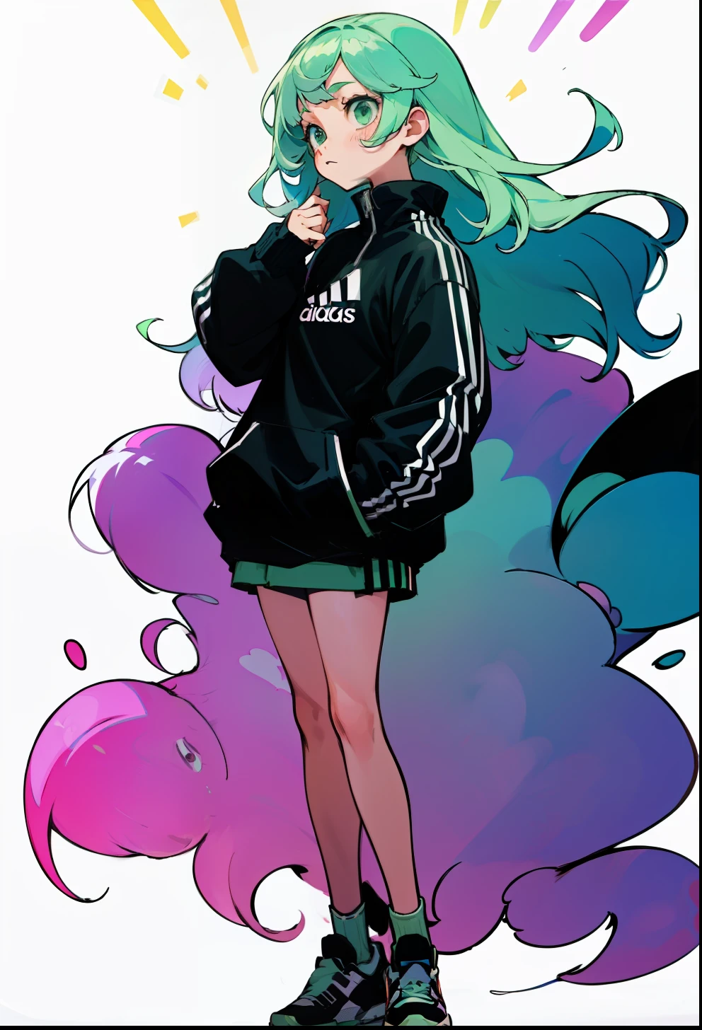 Pastel green hair, 1Girl, Adidas Clothing, stand up, Long Layers Hair
