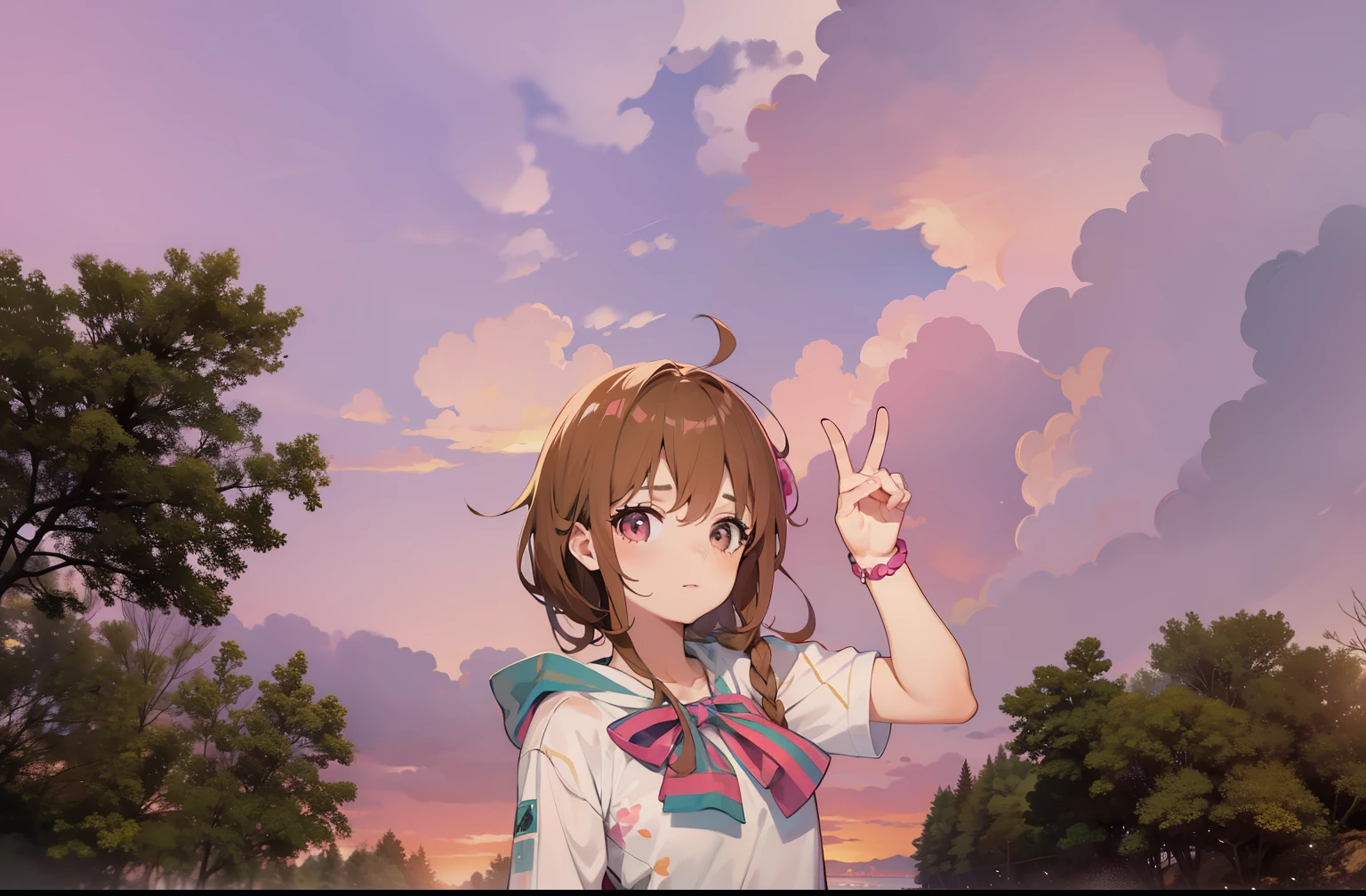 There is a sunny girl in the pink sunset