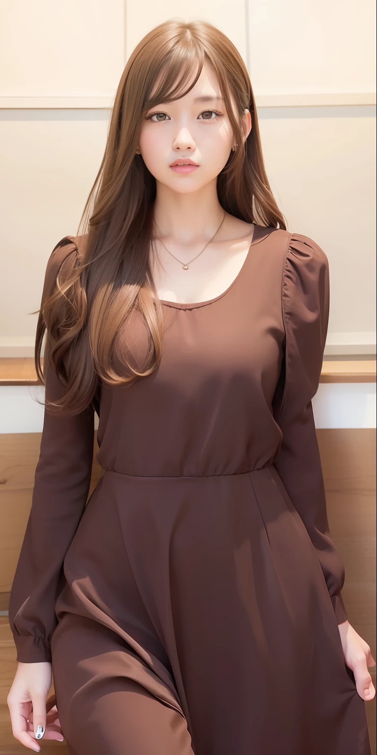 1girl.june,brown dress,long hair,brown hair,realistic,ultra,detail,70mm lens,