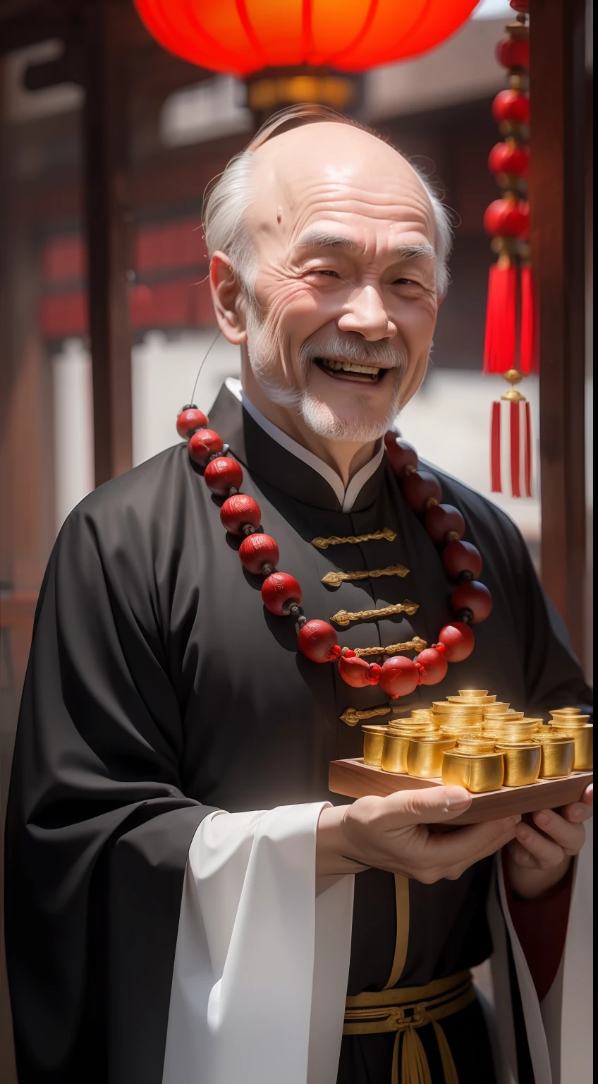 Han Chinese,A balding old man wearing a traditional Chinese cassock,Holding a handful of gold ingots,grin,red colour,jubilation,a cassock,Temple,k hd,真实感,超高分辨率,Prayer beads,fortune,fortune,Wishing you prosperity,money,