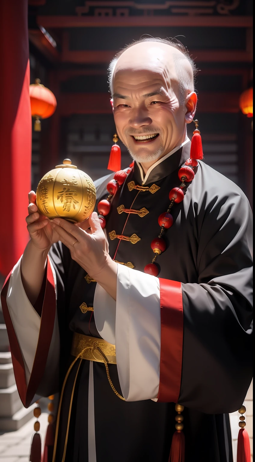 Han Chinese,A balding old man wearing a traditional Chinese cassock,Holding a handful of gold ingots,grin,red colour,jubilation,a cassock,Temple,k hd,真实感,超高分辨率,Prayer beads,fortune,fortune,Wishing you prosperity,money,