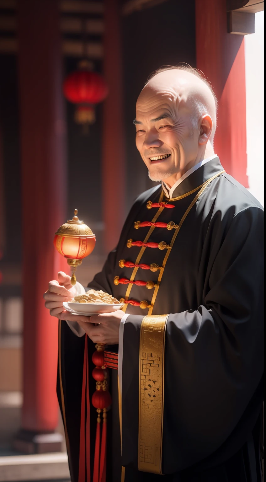 Han Chinese,A balding old man wearing a traditional Chinese cassock,Holding a handful of gold ingots,grin,red colour,jubilation,a cassock,Temple,k hd,真实感,超高分辨率,Prayer beads,fortune,fortune,Wishing you prosperity,money,