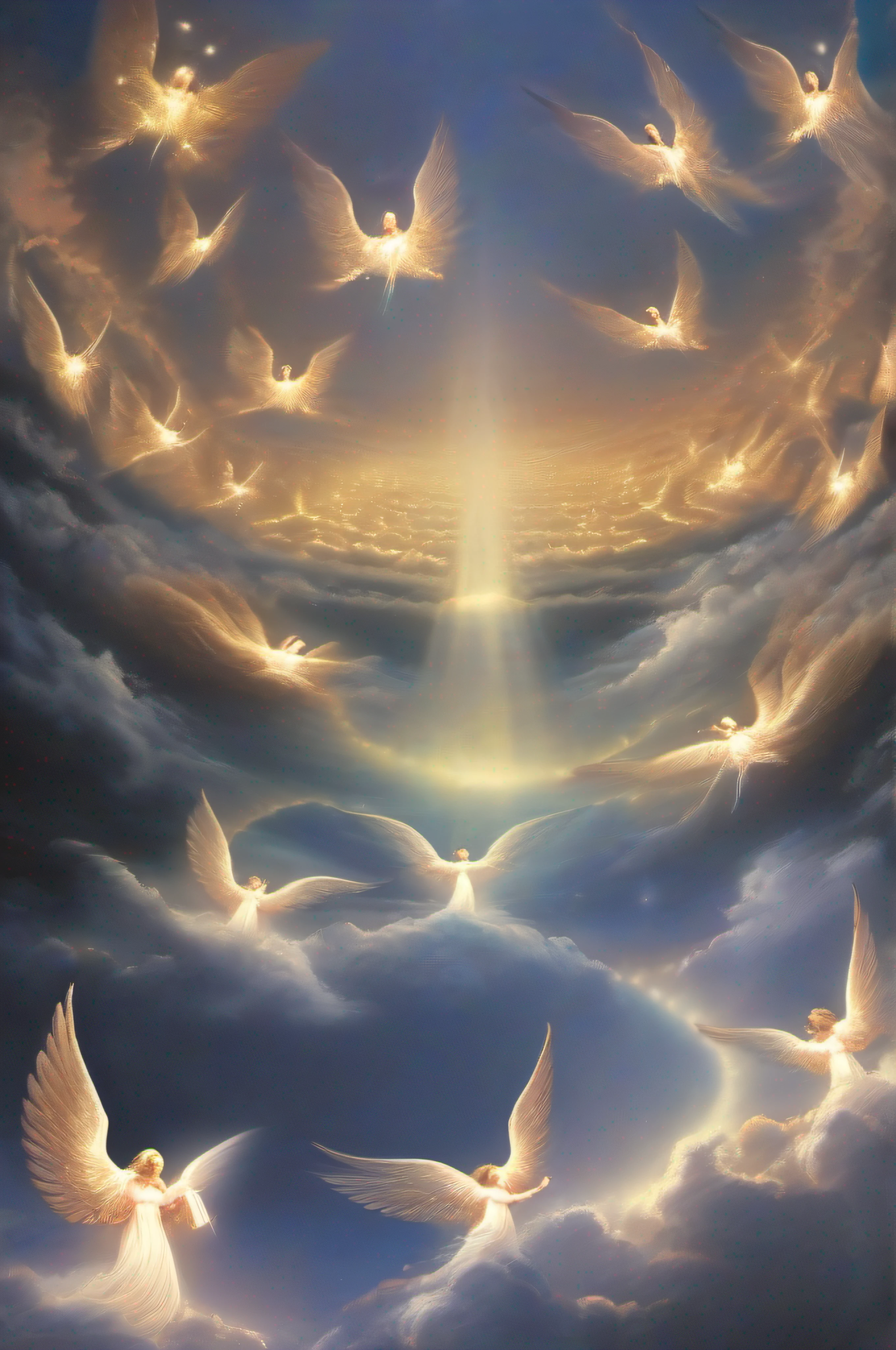 Several angels flying celestial sky with light illuminating the earth