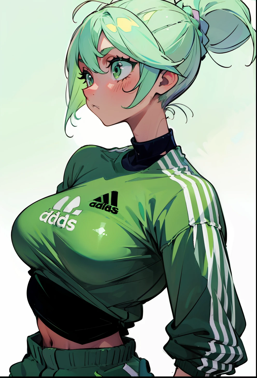 Pastel green hair, 1Girl, Adidas Clothing, stand up, Ponytail Hair, large full breasts