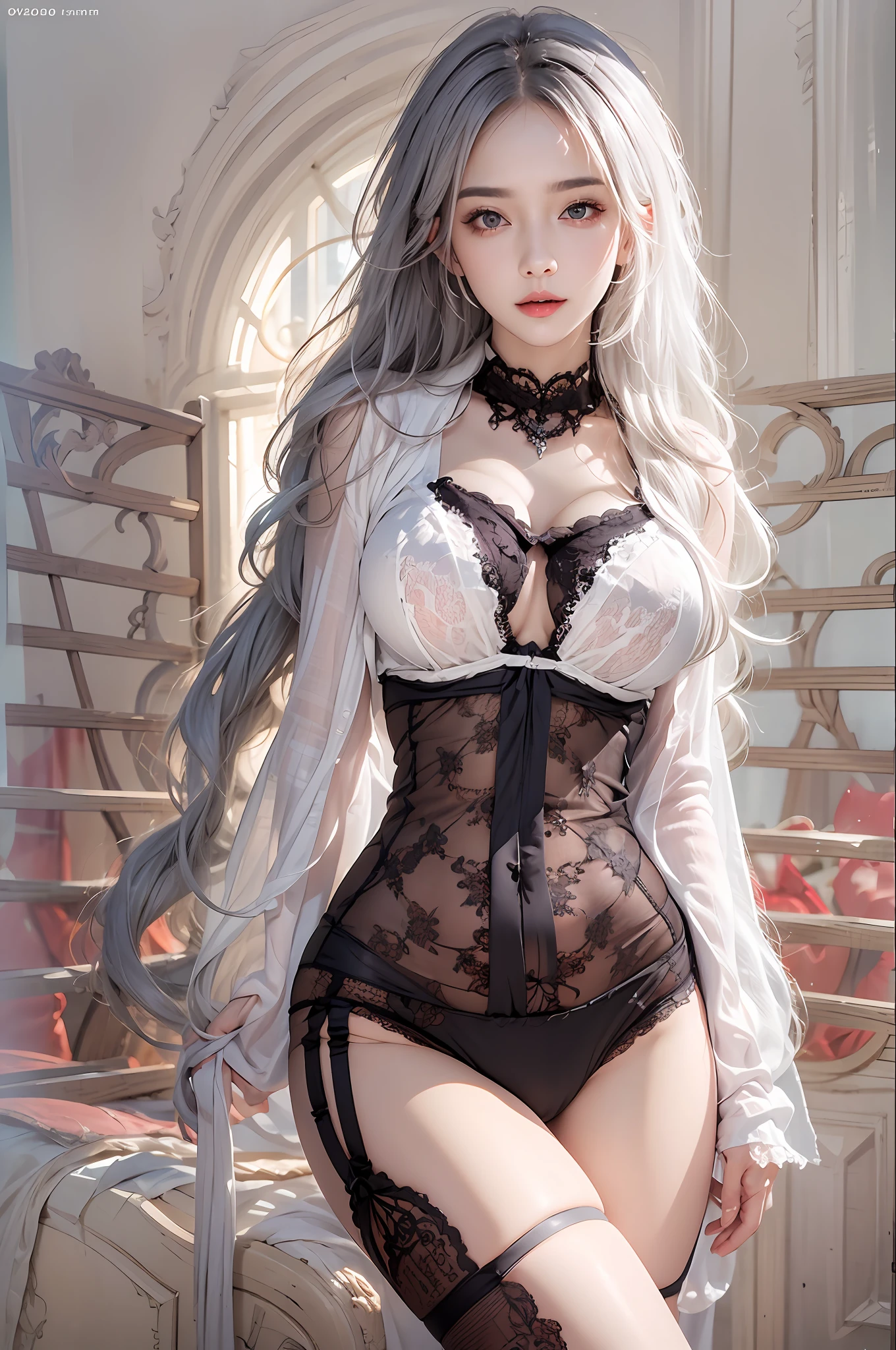 photorealistic, high resolution, 1 women, solo, hips up, look at viewer, (detailed face), white hair, long hair, medium breasts, black lace underwear, 1 piece underwear, garter belts