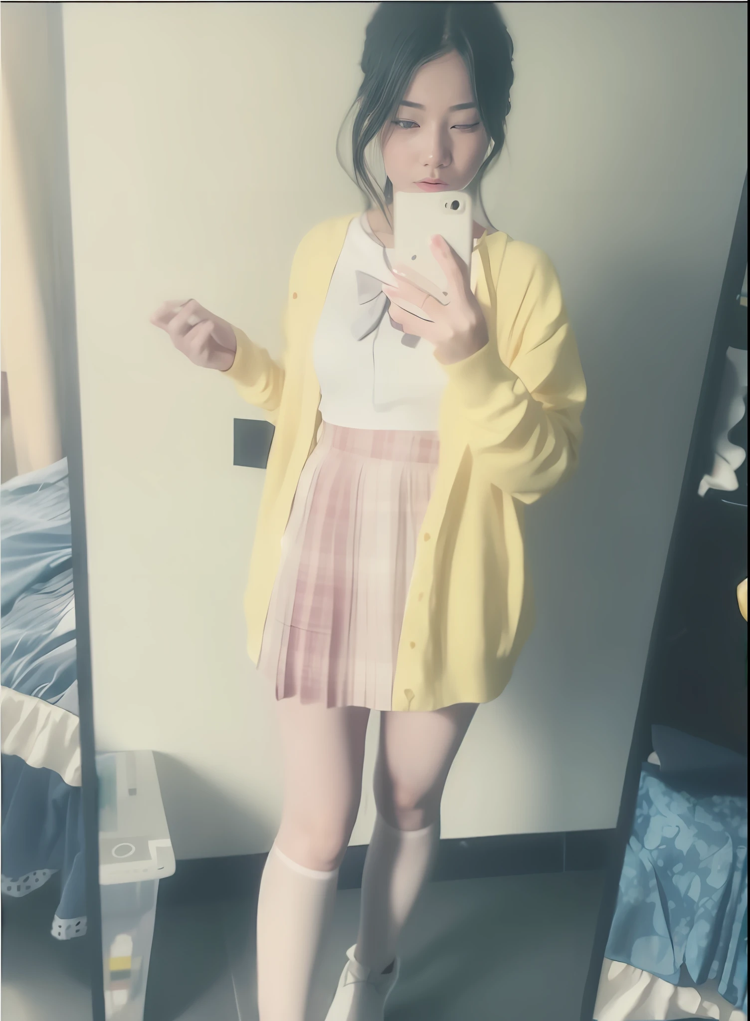 there is a woman that is taking a selfie in a mirror, full bodyesbian!!, Full body picture, outfit photograph, Yellow clothes, aya takano color style, with yellow cloths, full bodyesbian! Pretty face, full bodyesbian!, full body with costume, wearing skirt and high socks, Magical school student uniform, dressed as schoolgirl, Anime girl in real life