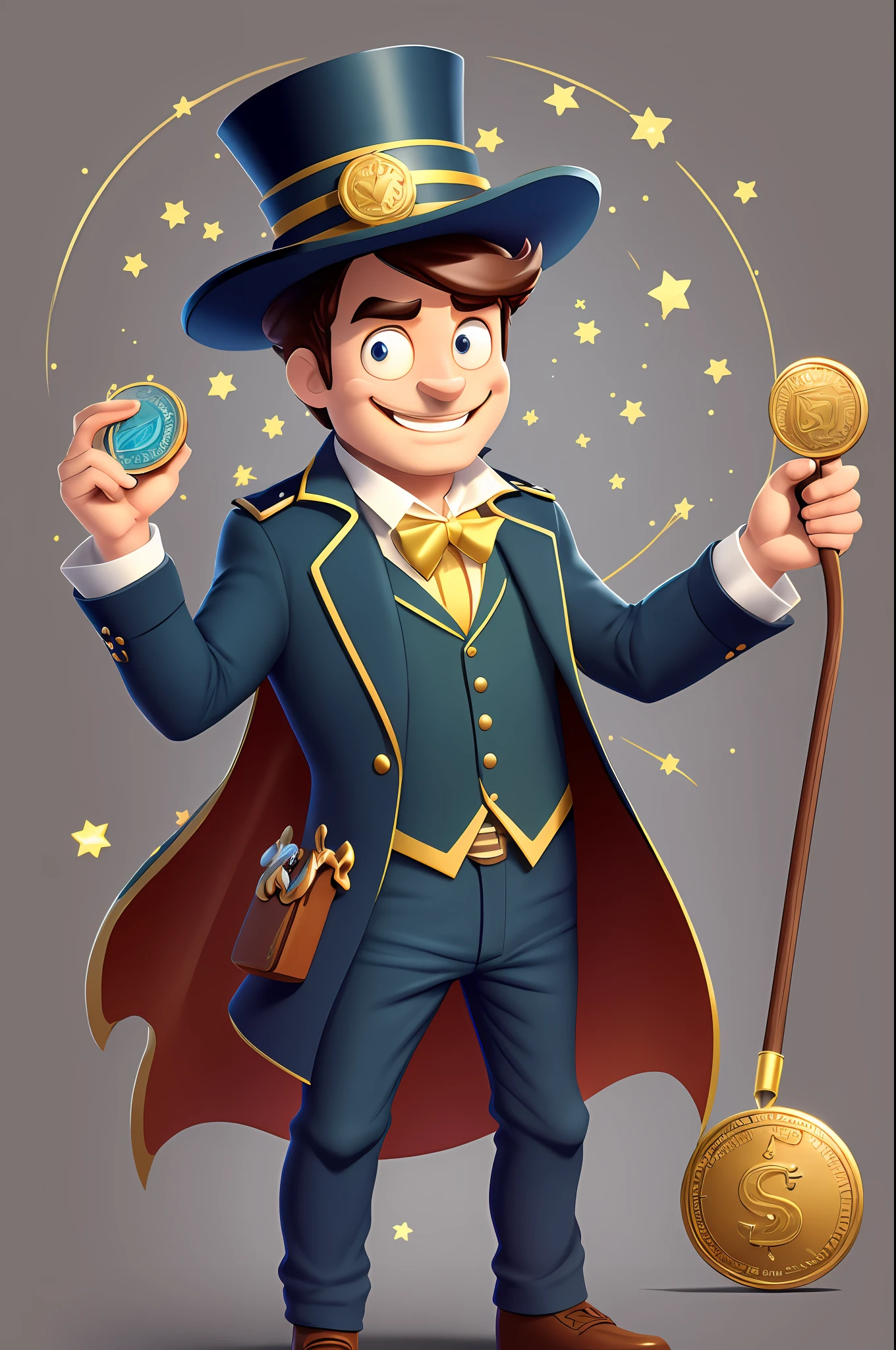 Captain Wallet, a wise character with a top hat and a cane, holding some magic coins in his hands, Has the power to create magic coins and uses his wallet as a powerful weapon against evil, concept character, a full body character, cute, smiling, white background, in the style of children's book illustrations, style super hero, Disney and Pixar style animation, unreal engine, 8k, detailed --auto --s2