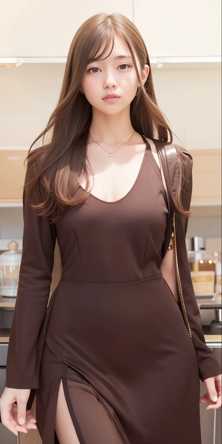 1girl.june,brown dress,long hair,brown hair,realistic,ultra,detail,70mm lens,