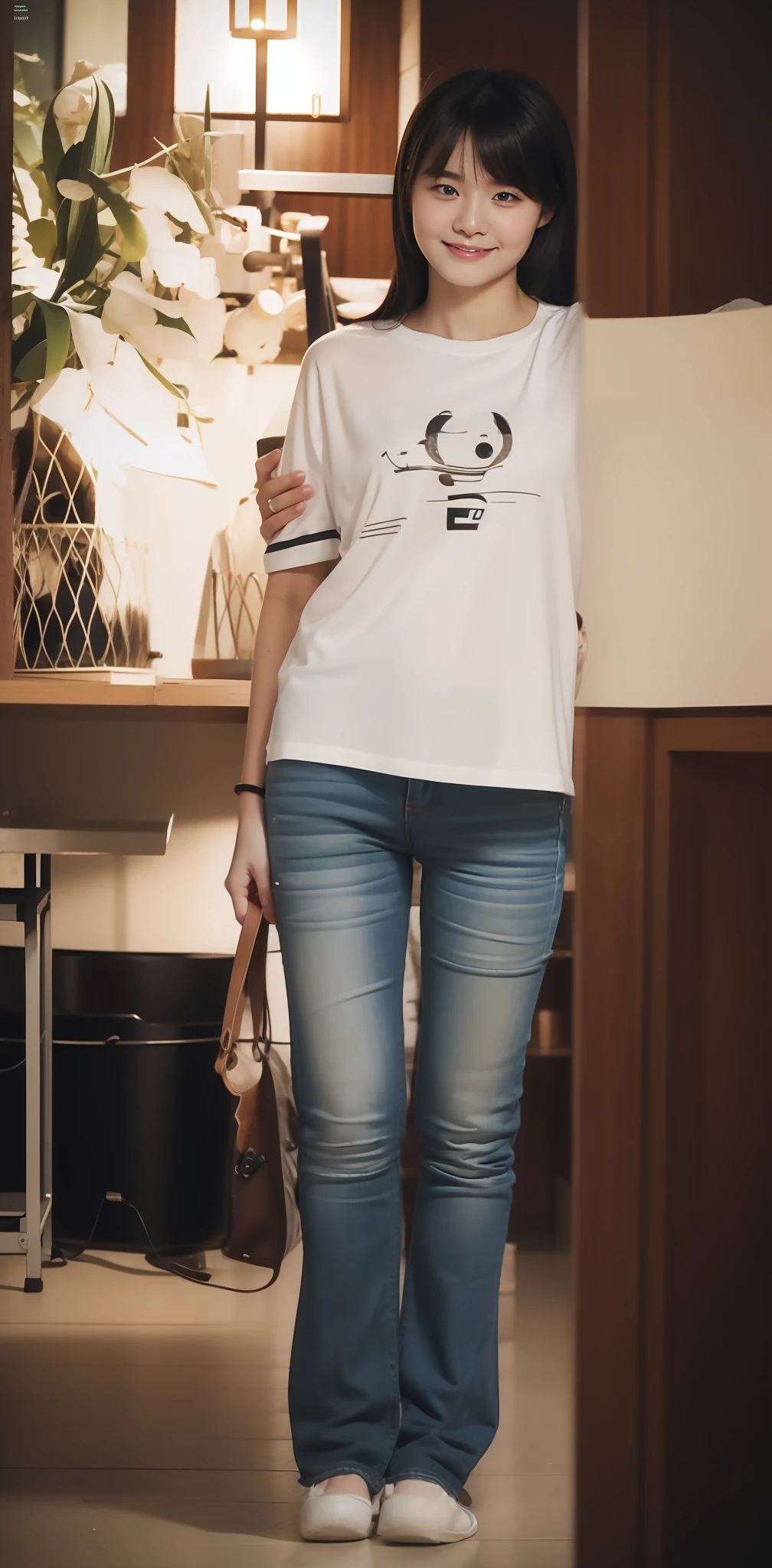 Zhu Ai_Villas,RAW photos,Brand photos,(highdetailskin:1.2),8k ultra high definition,digital SLR camera,gentlesoftlighting,high high quality,filmgrain,富士XT3,20 years old Asian woman,Wear simple clothes,T-shirt and skinny jeans,Detailed clothing details:1.3,perfect body figure,Super detailed facial details and skin,Fair and tender face and skin,二重まぶた,Super detailed eyes,fully body photo