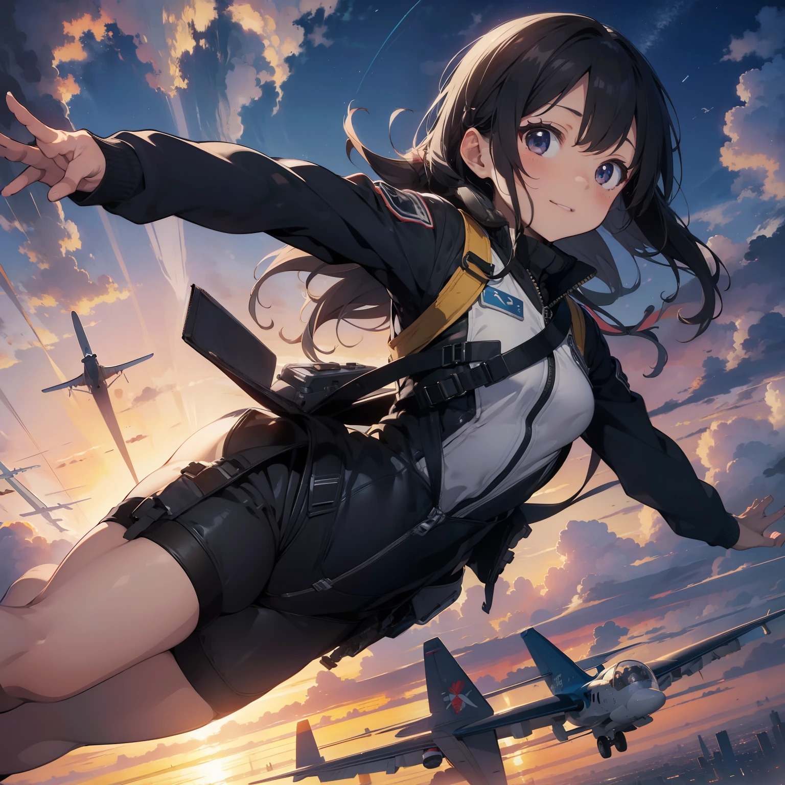 masterpiece、Definition image quality、Female Pilots、Driving an airplane、Low altitude flight、Sunset rests on the horizon、Zero Gravity、Piloting an airplane、pilotsuit、kawaii girl