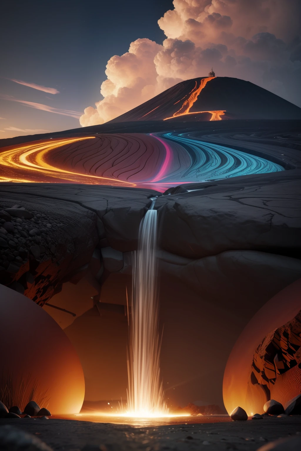 Alberto Severo art, (paisaje, Mountainous land filled with incandescent lava), muchas salpicaduras y gotas muticolores, intrincada, obra maestra, experta, Incredibly detailed, compositing, encuadre, centrada, simetry, pintada, intrincada, volumetric illumination, hermosa, rica obra maestra de colores profundos, foco nítido, ultra detallado, Super renderizado en octanaje renderizado, Renderizado en Cinema 4D, Renderizado en Cinema4D, creado en octane render, Render de octanaje colorido, renderizado en renderizado de octano, global ilumination. VFX, Renderizado en octanaje renderizado 32K, Renderizado en Cinema 4 D Octane, Incredible octane rendering, Realistic octane rendering Close-up fantasy with water magic, movimiento, salpicaduras, gotas, (Vista de primer plano ) , cinematography lighting, efecto de salpicaduras multicolores, gotas multicolores, Alberto Seveso Arte, , ultra-high def, no borroso, Texturas, 3d, cinematic landscape