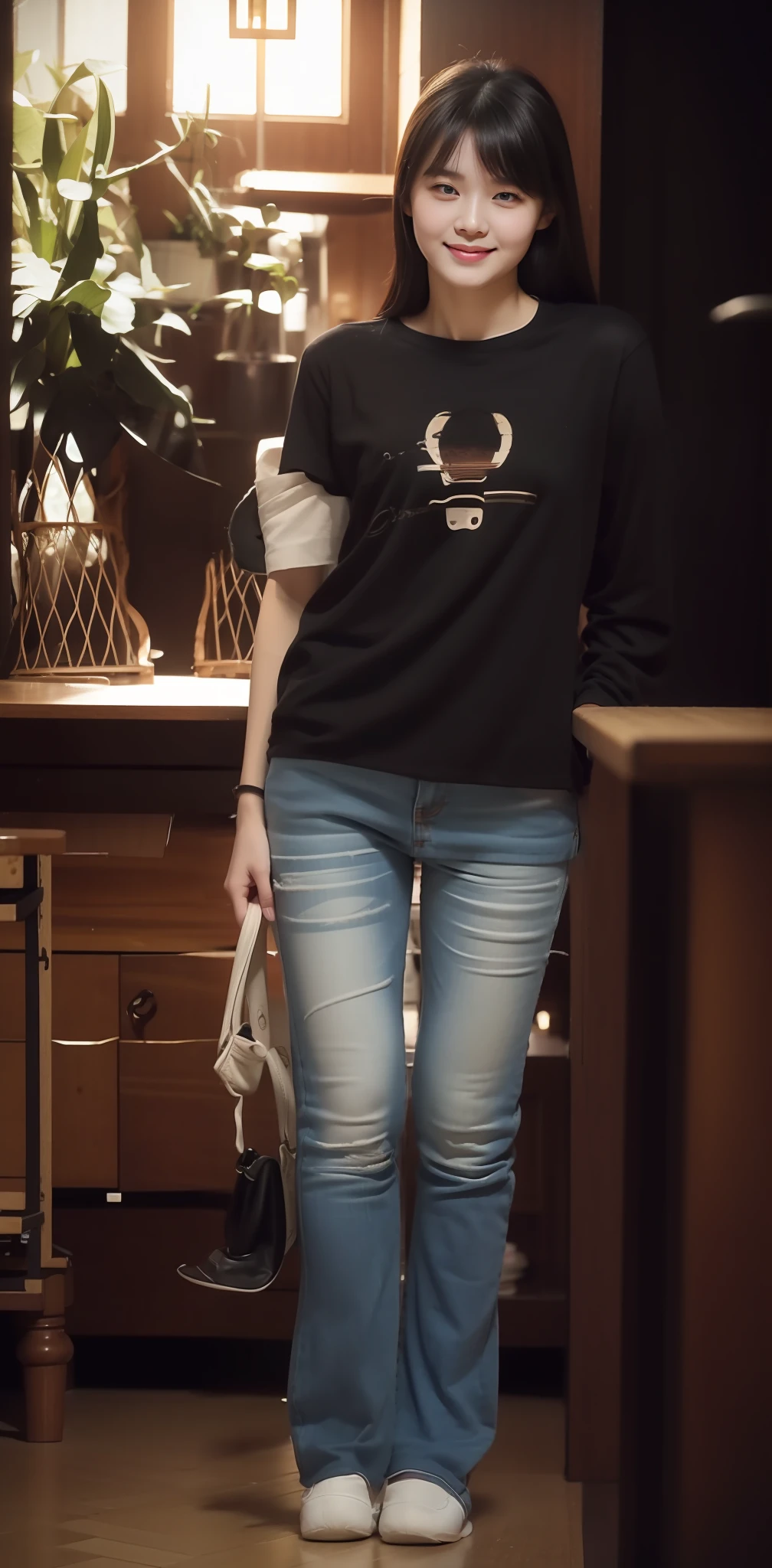 Zhu Ai_Villas,RAW photos,Brand photos,(highdetailskin:1.2),8k ultra high definition,digital SLR camera,gentlesoftlighting,high high quality,filmgrain,富士XT3,20 years old Asian woman,Wear simple clothes,T-shirt and skinny jeans,Detailed clothing details:1.3,perfect body figure,Super detailed facial details and skin,Fair and tender face and skin,二重まぶた,Super detailed eyes,fully body photo