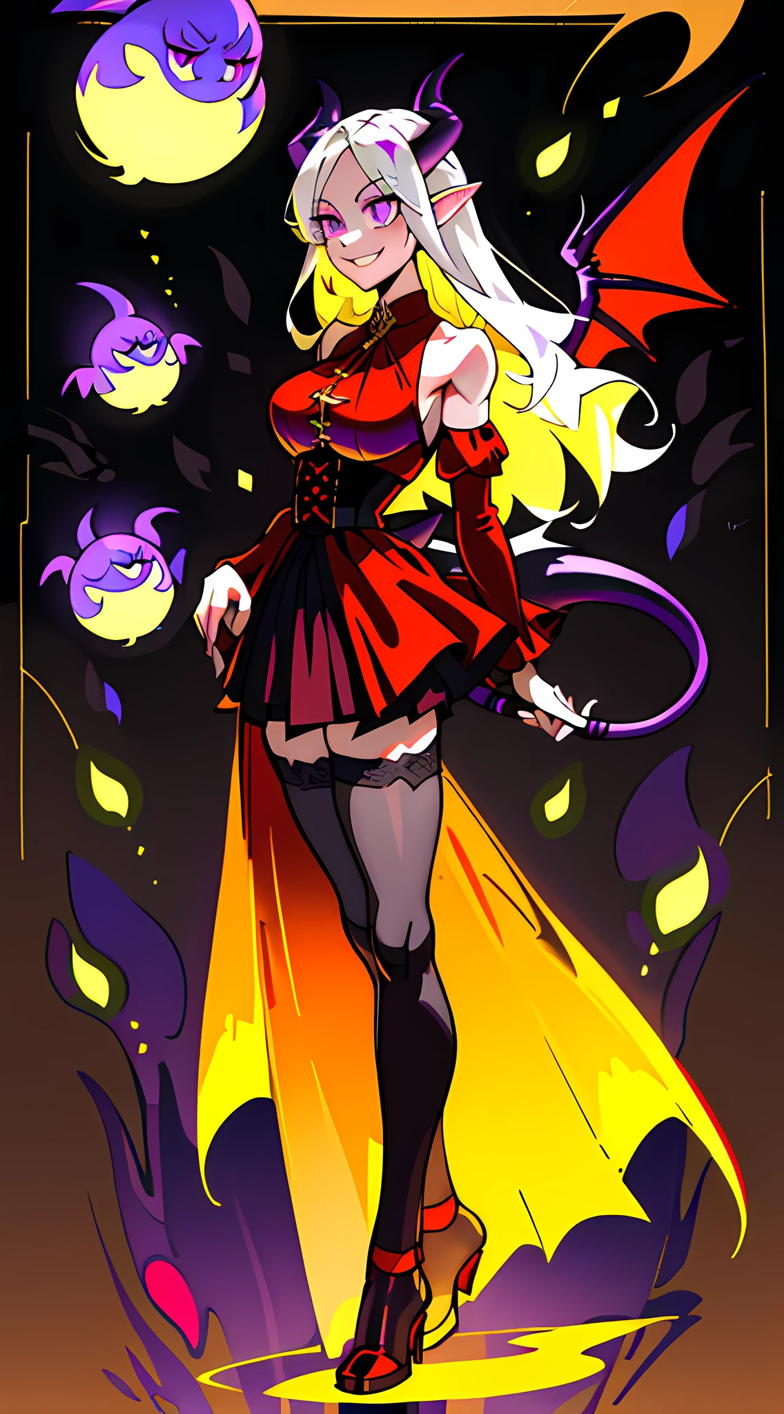 （Single full body）（Forest at night，glowworm，golden flowers）Girl with long white hair，Purple eye，elvish ears，devil horns，Dragon wings，Elongated tail，Black and red coat，cropped shoulders，Big breasts corset，open waist，Tight leather skirt，Red leg ring，Grey translucent stockings，Black high-heeled boots（ssmile）